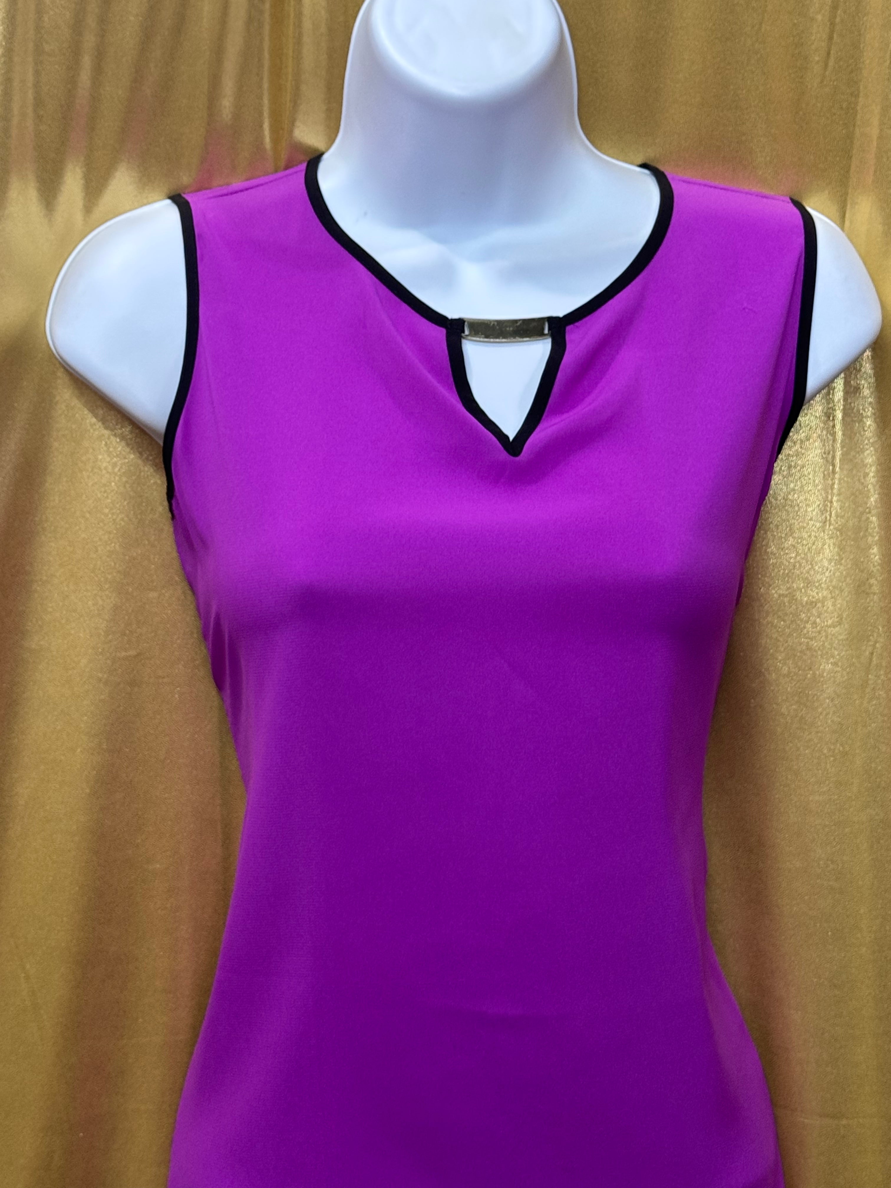 Calvin Klein Medium Purple Sleeveless V-Neck Blouse with Black Trim
