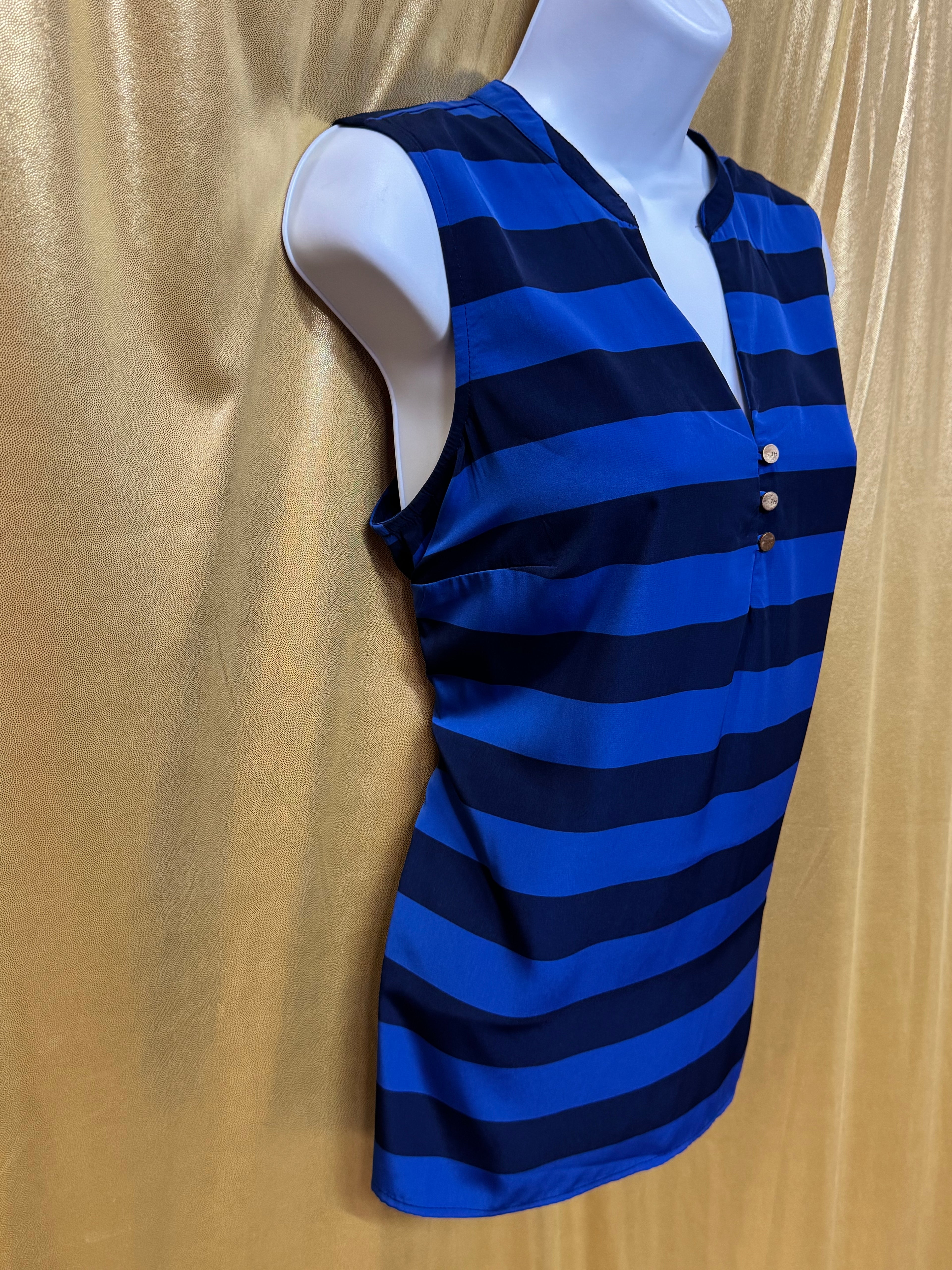 Tommy Hilfiger Blue Striped Sleeveless V-Neck Blouse – Size M
