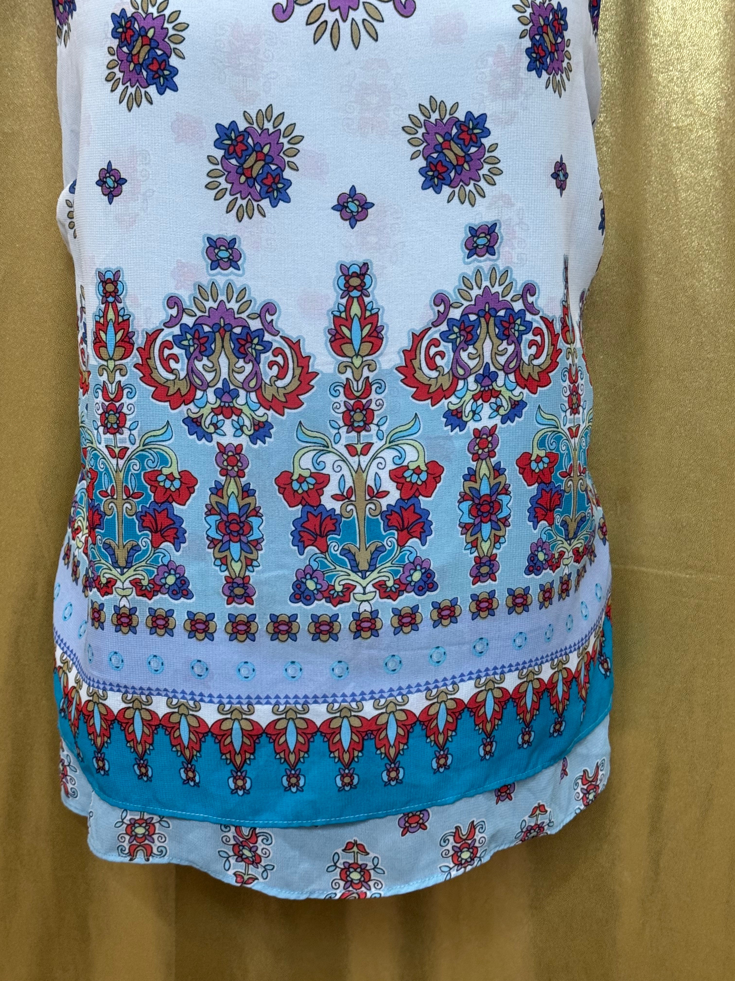 Bila Boho Paisley Floral Tank Top Size M White Blue Red Sleeveless Blouse