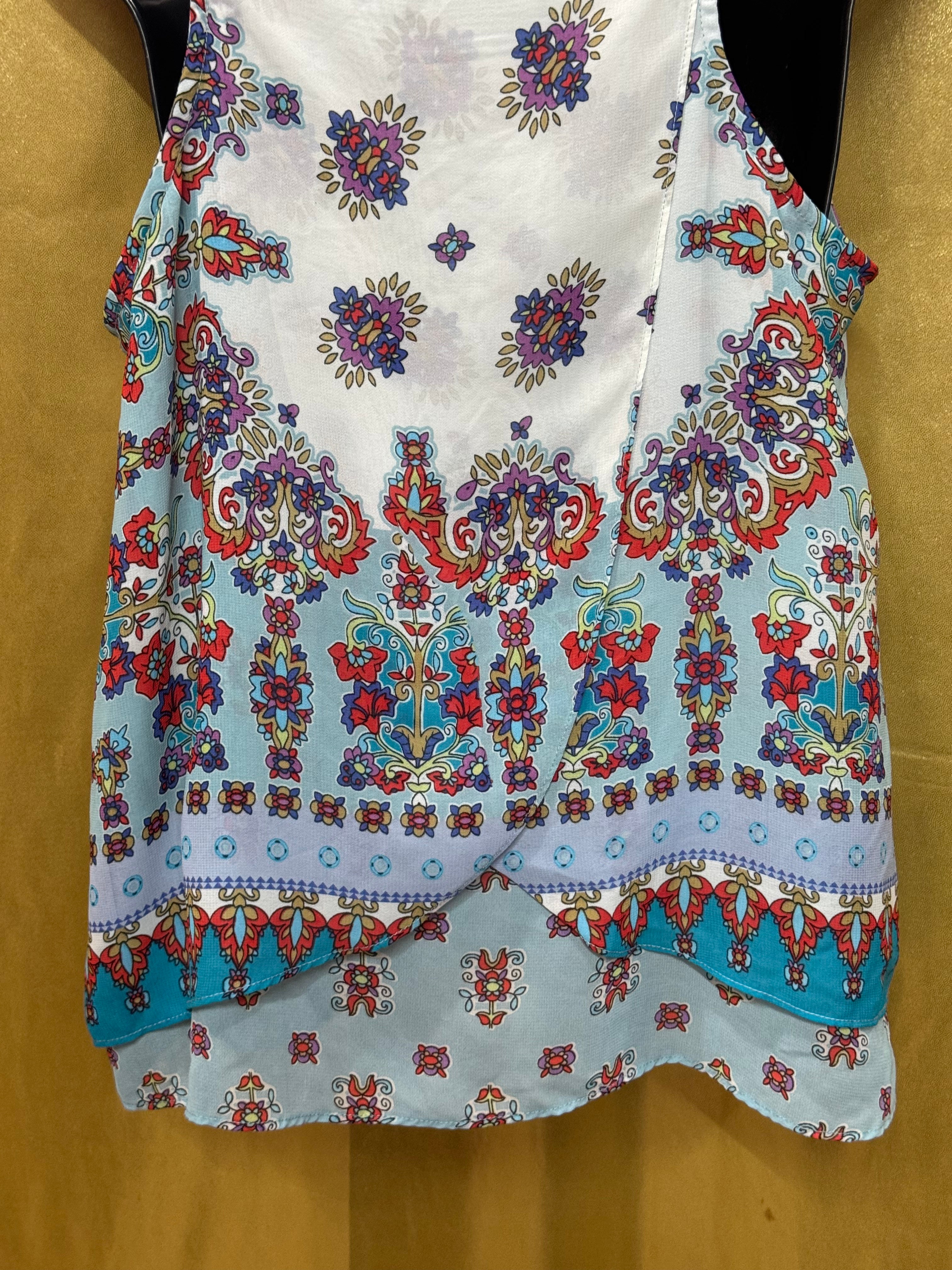 Bila Boho Paisley Floral Tank Top Size M White Blue Red Sleeveless Blouse