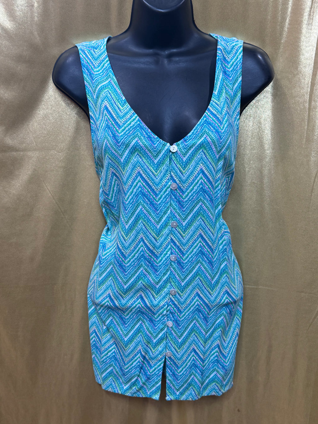 J. Jill Blue Chevron Button-Front V-Neck Tank Top Size M Rayon Sleeveless