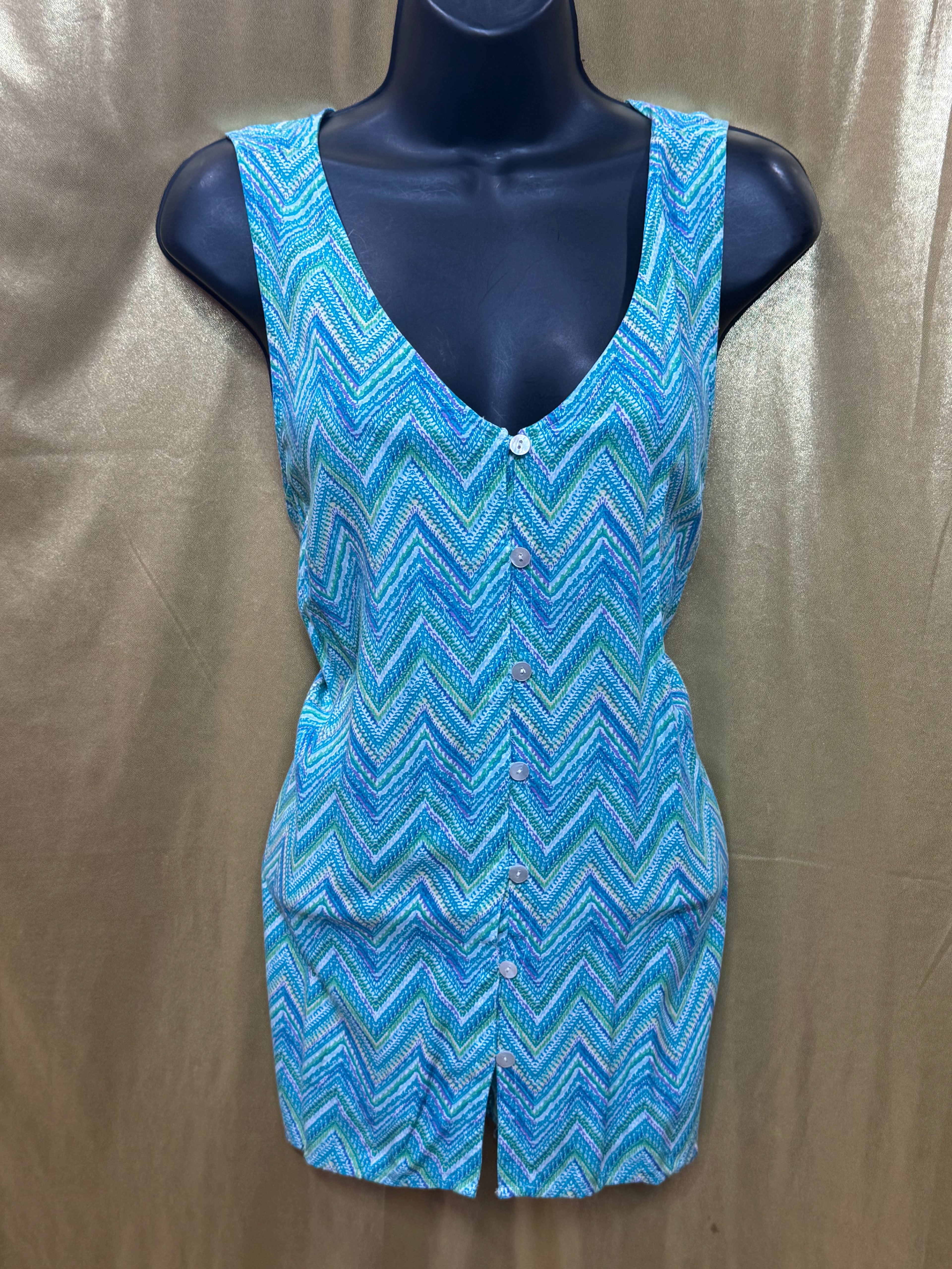 J. Jill Blue Chevron Button-Front V-Neck Tank Top Size M Rayon Sleeveless