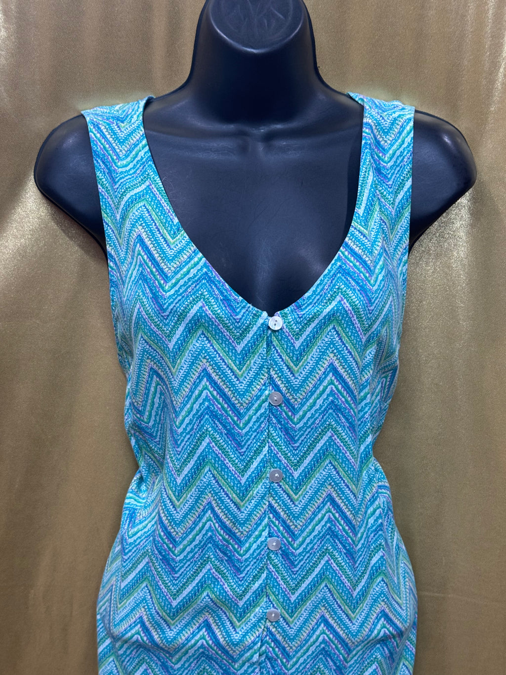 J. Jill Blue Chevron Button-Front V-Neck Tank Top Size M Rayon Sleeveless