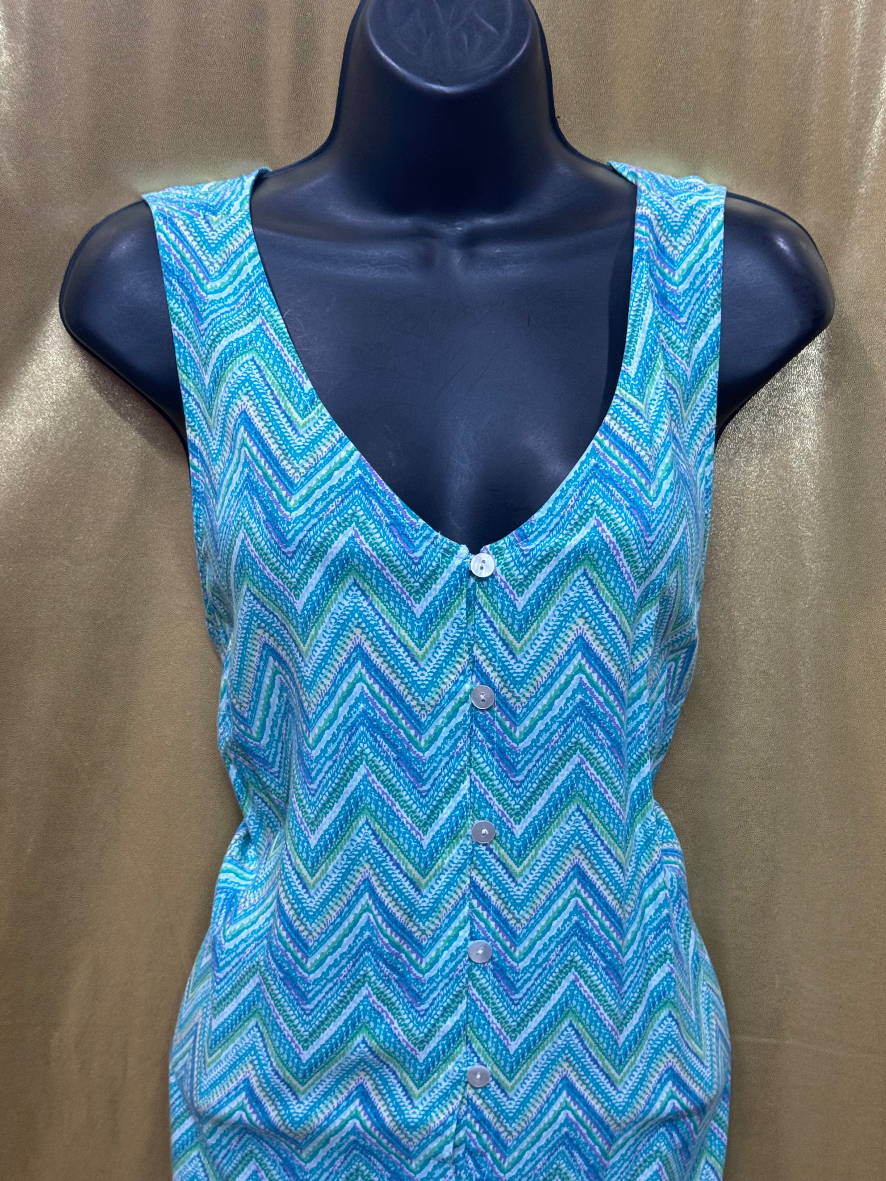 J. Jill Blue Chevron Button-Front V-Neck Tank Top Size M Rayon Sleeveless