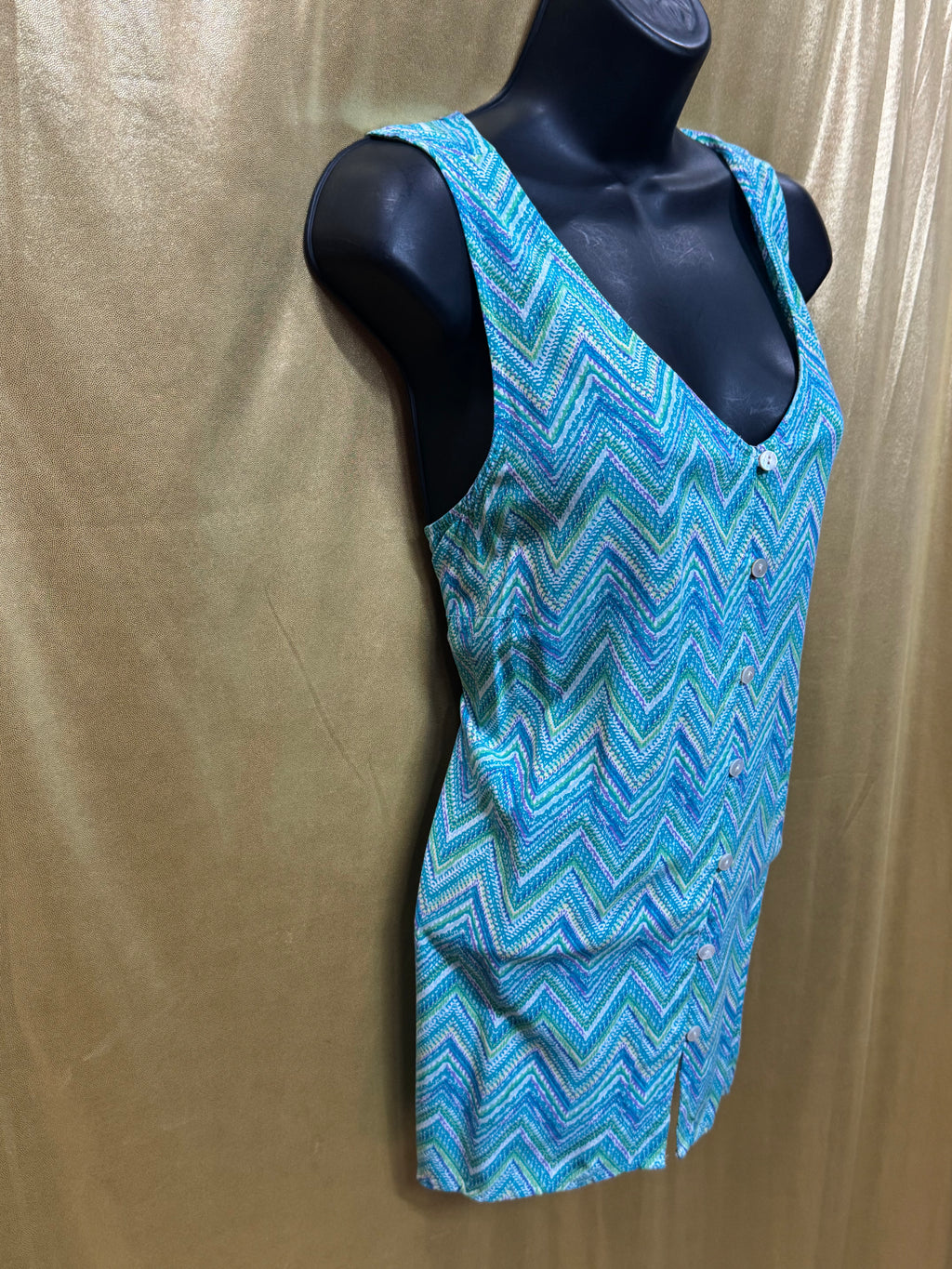 J. Jill Blue Chevron Button-Front V-Neck Tank Top Size M Rayon Sleeveless
