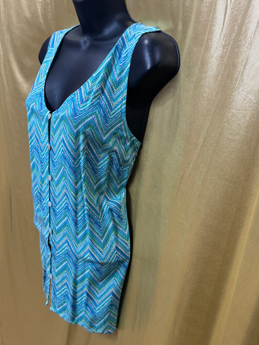 J. Jill Blue Chevron Button-Front V-Neck Tank Top Size M Rayon Sleeveless