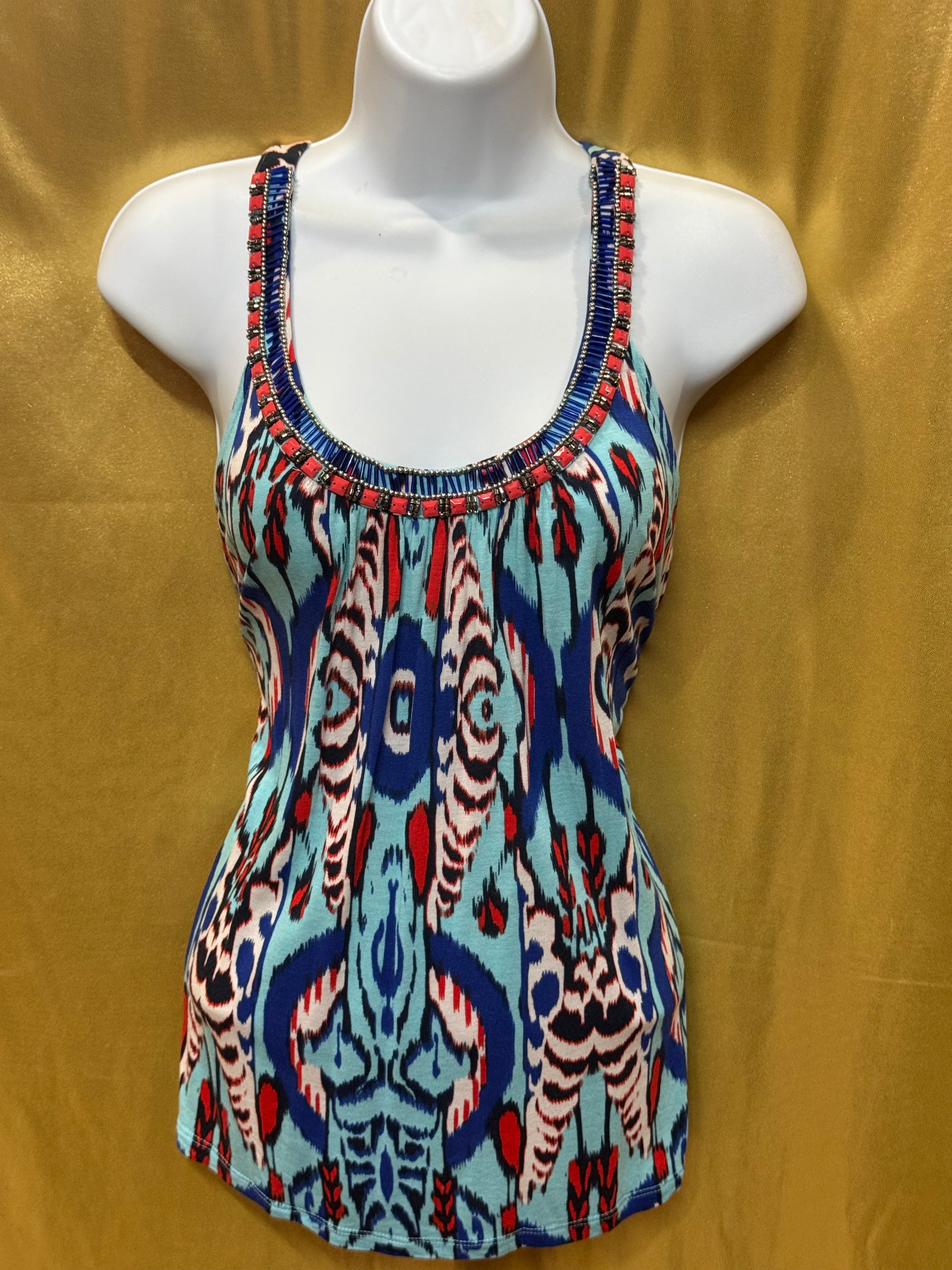 INC International Concepts Ikat Tribal Beaded Tank Top Medium Petite MP Rayon