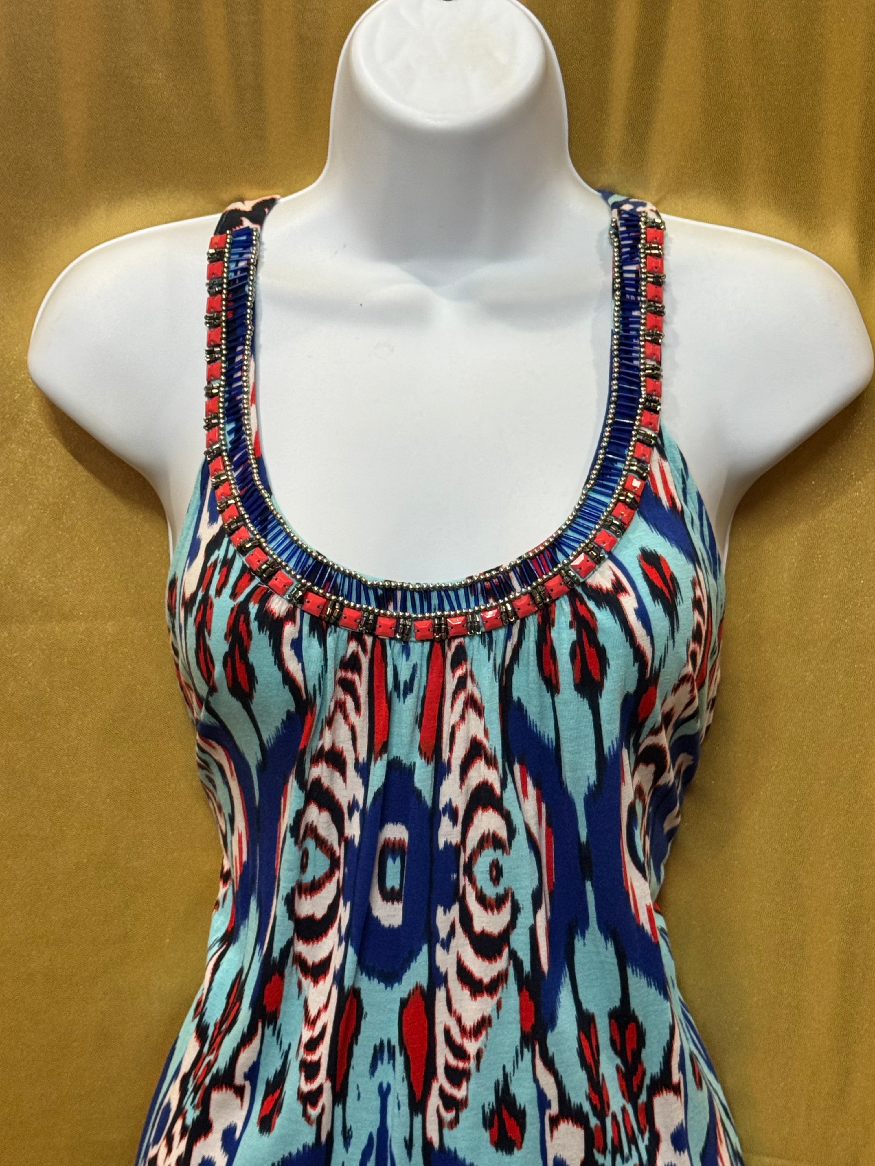 INC International Concepts Ikat Tribal Beaded Tank Top Medium Petite MP Rayon