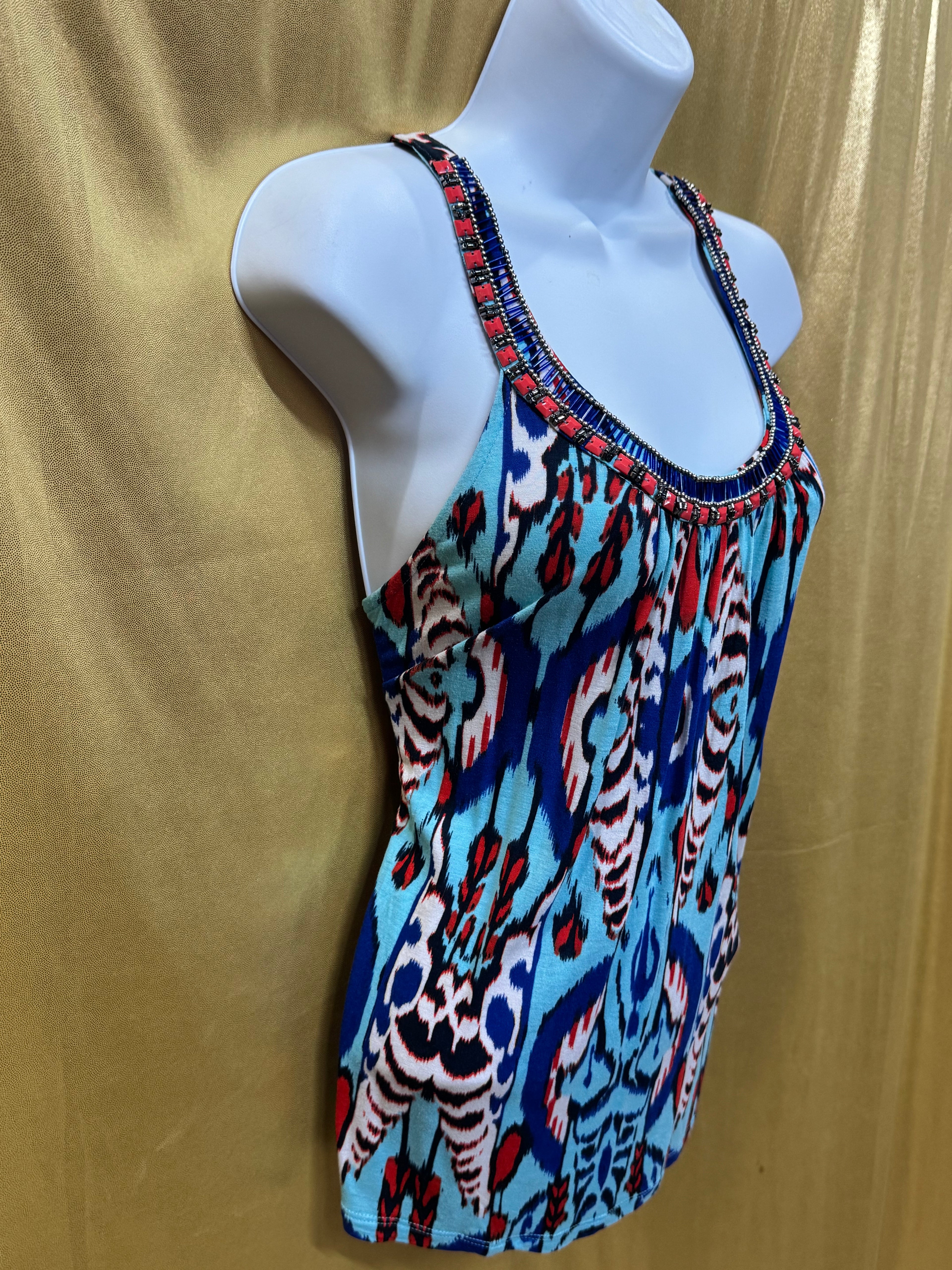 INC International Concepts Ikat Tribal Beaded Tank Top Medium Petite MP Rayon