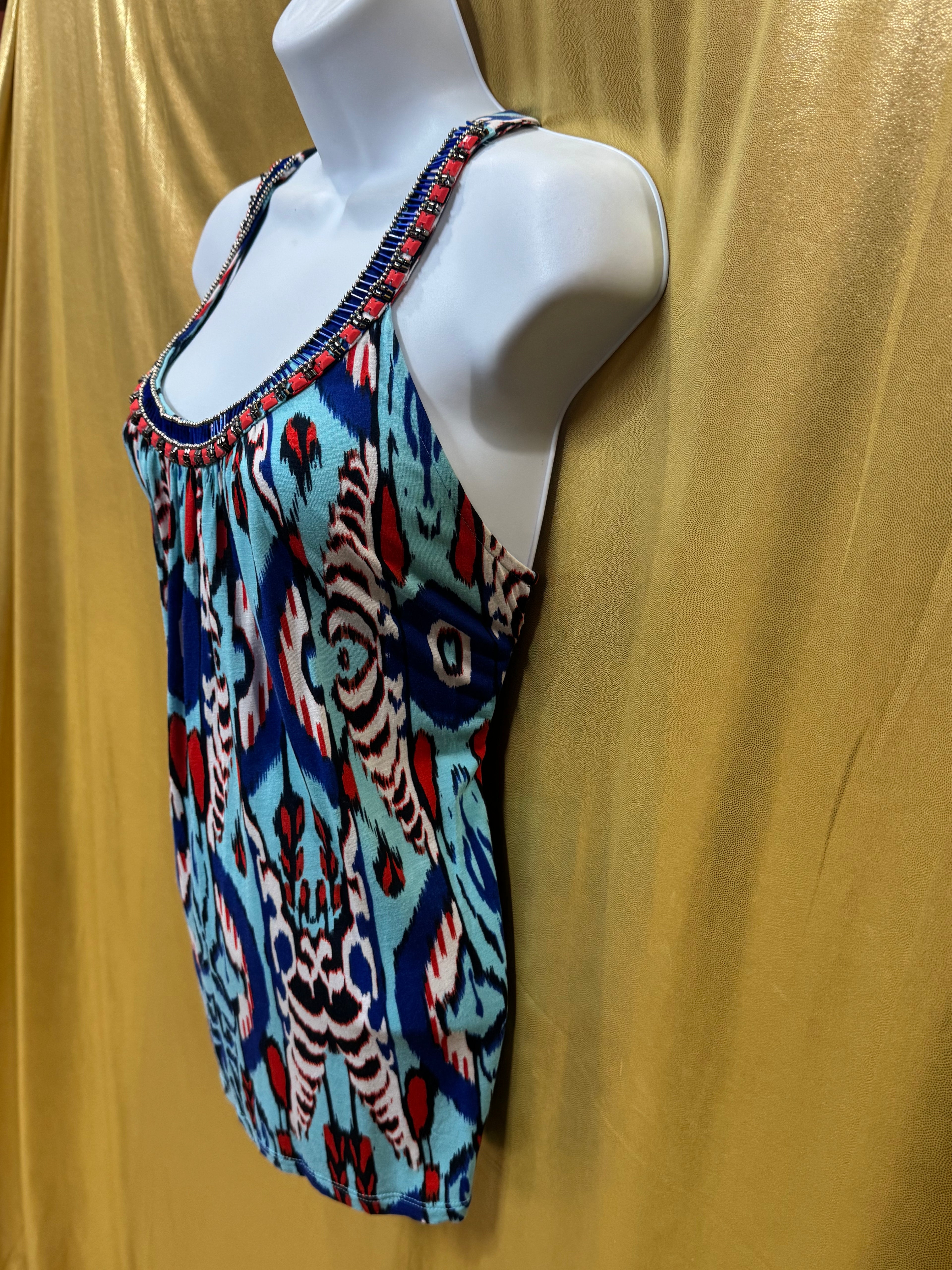 INC International Concepts Ikat Tribal Beaded Tank Top Medium Petite MP Rayon