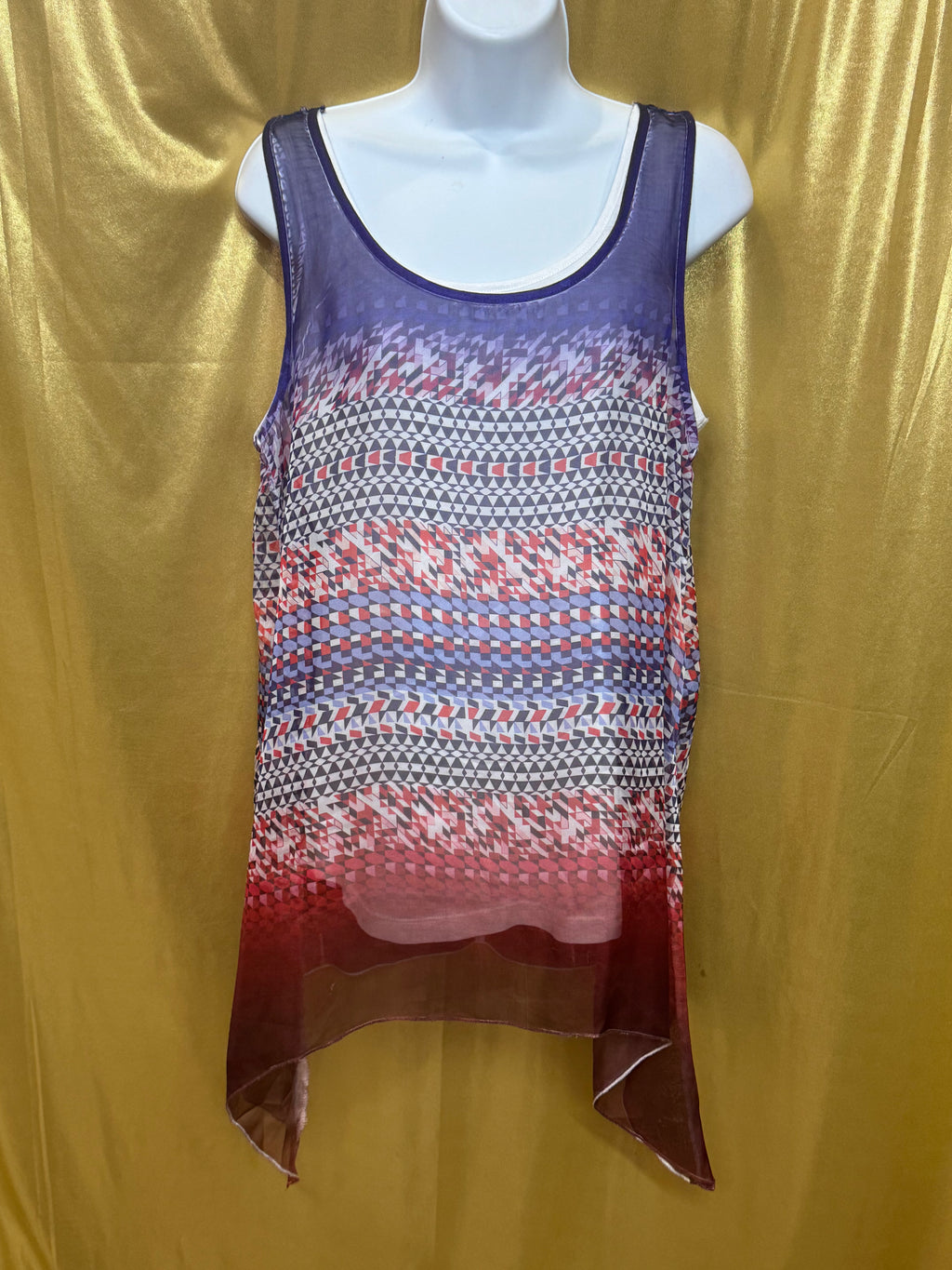 Apt. 9 Geometric Ombré Sleeveless Tunic Tank | Lace Yoke Back & Sharkbite Hem | Size M