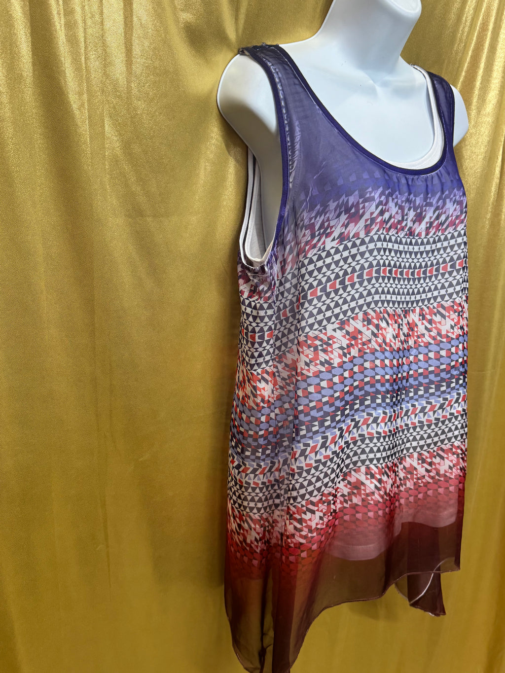 Apt. 9 Geometric Ombré Sleeveless Tunic Tank | Lace Yoke Back & Sharkbite Hem | Size M