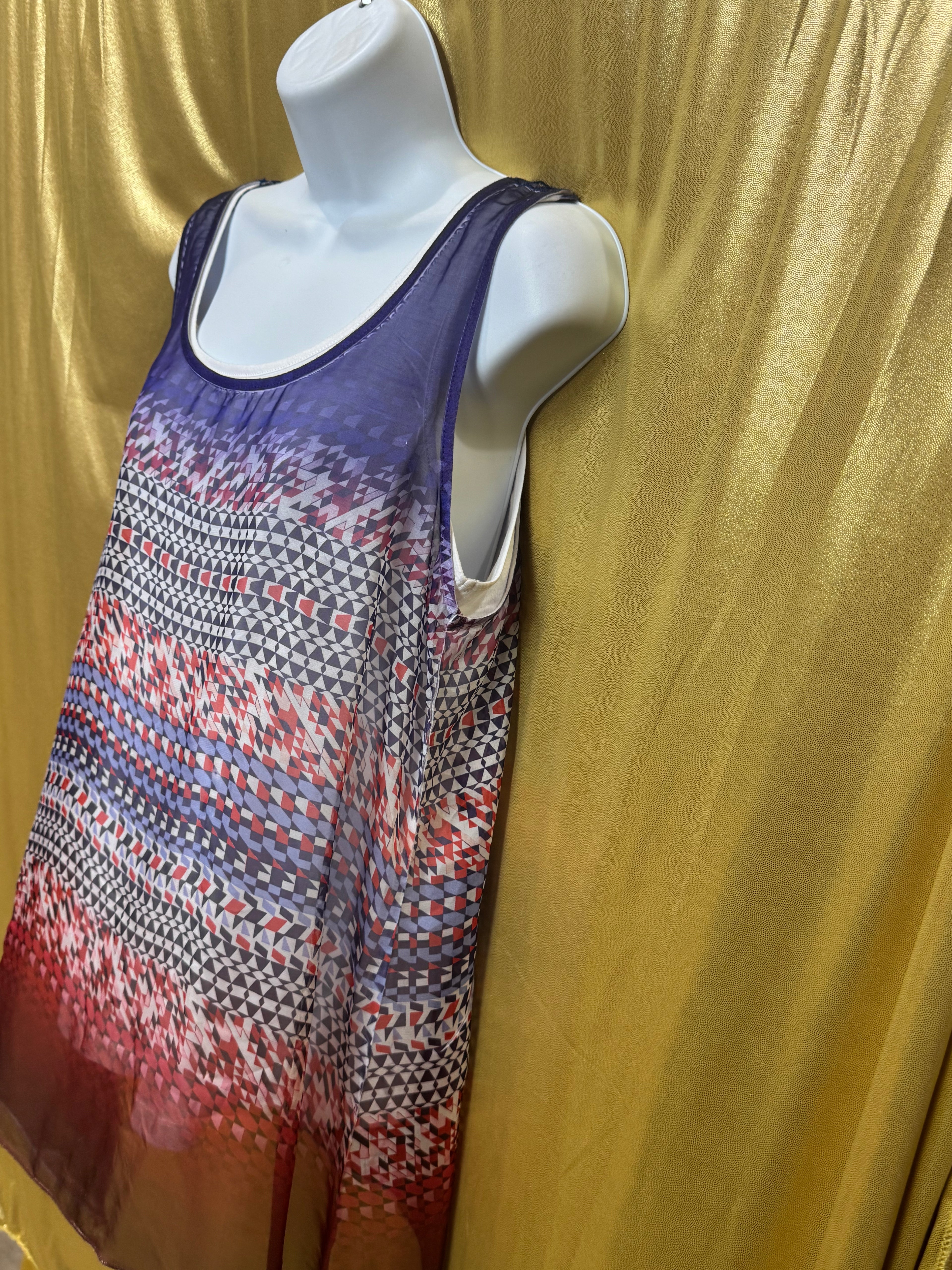 Apt. 9 Geometric Ombré Sleeveless Tunic Tank | Lace Yoke Back & Sharkbite Hem | Size M