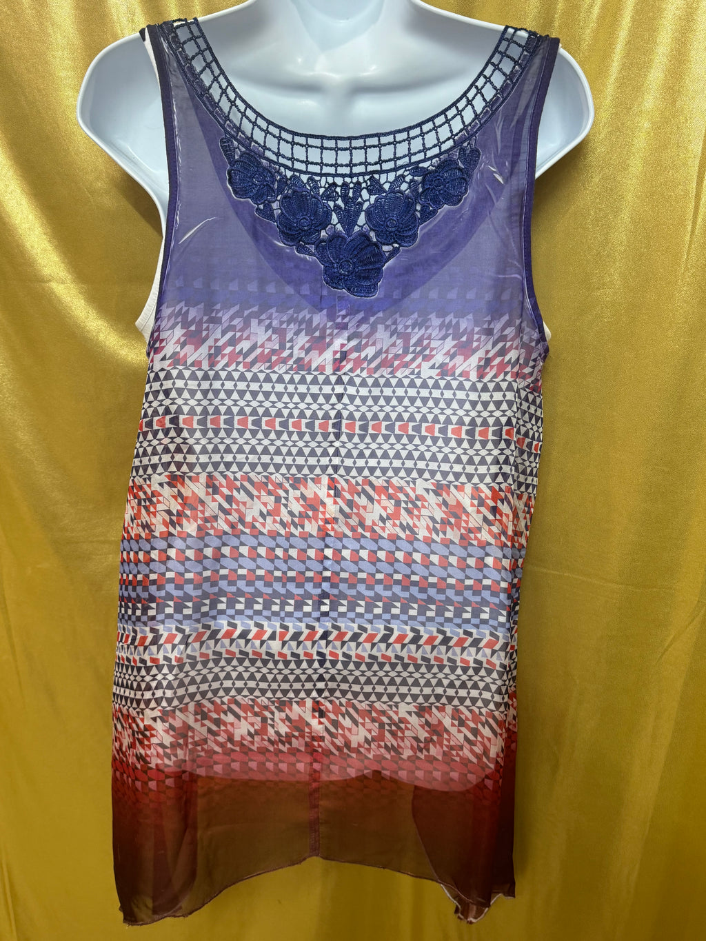 Apt. 9 Geometric Ombré Sleeveless Tunic Tank | Lace Yoke Back & Sharkbite Hem | Size M