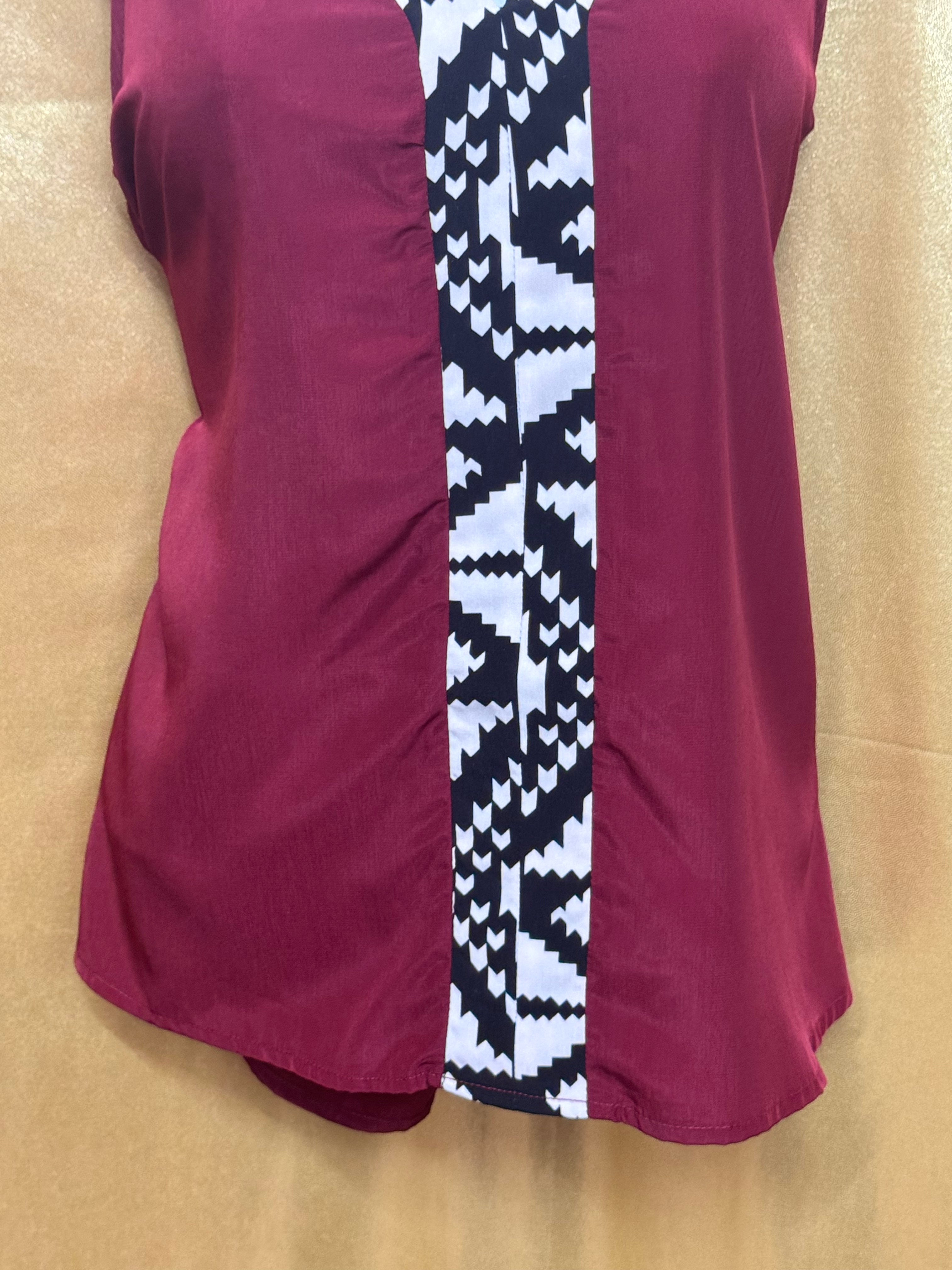 Pink Owl Burgundy Sleeveless V-Neck Geometric Geo Trim Tank Top - Size Medium