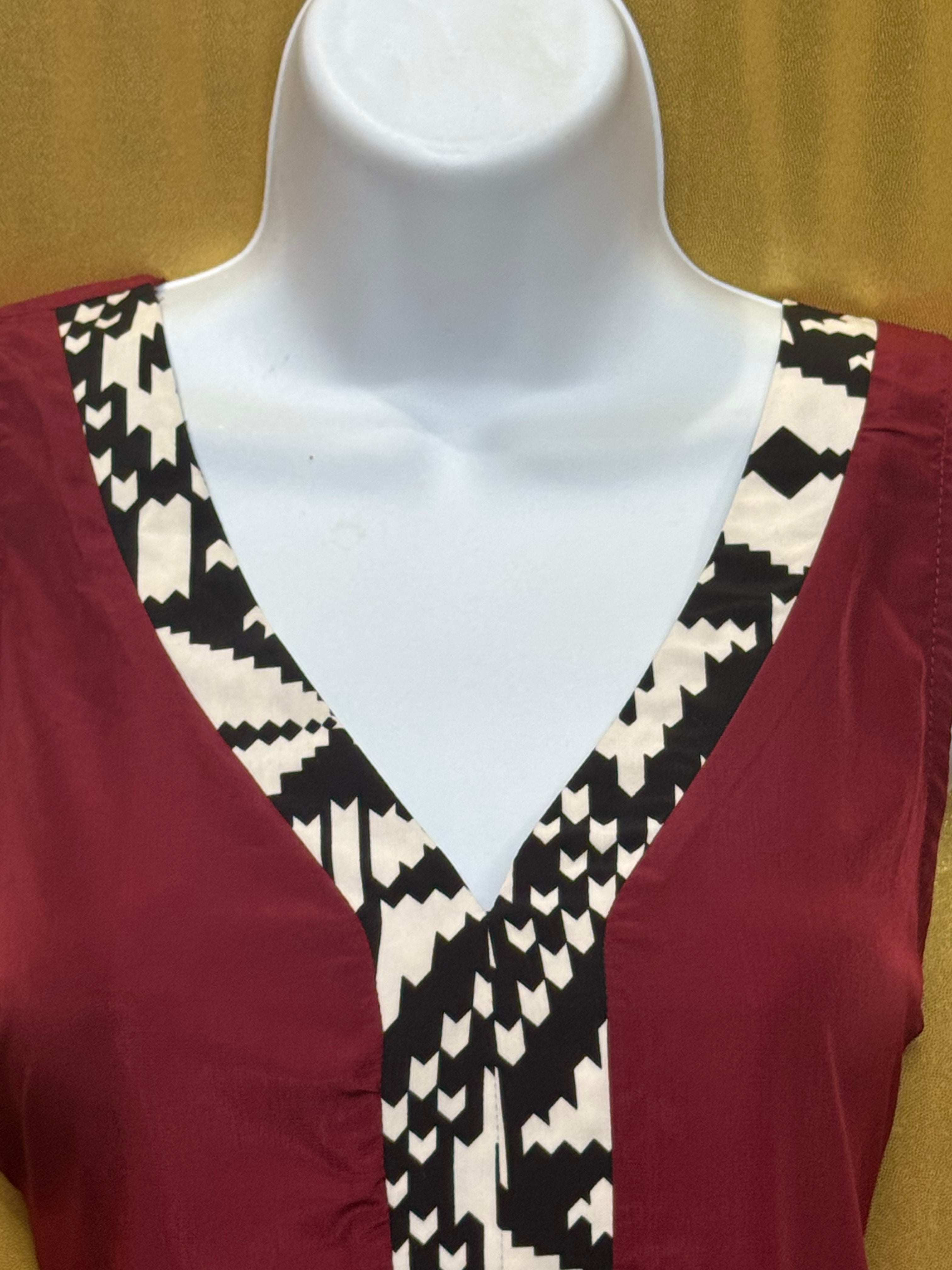 Pink Owl Burgundy Sleeveless V-Neck Geometric Geo Trim Tank Top - Size Medium