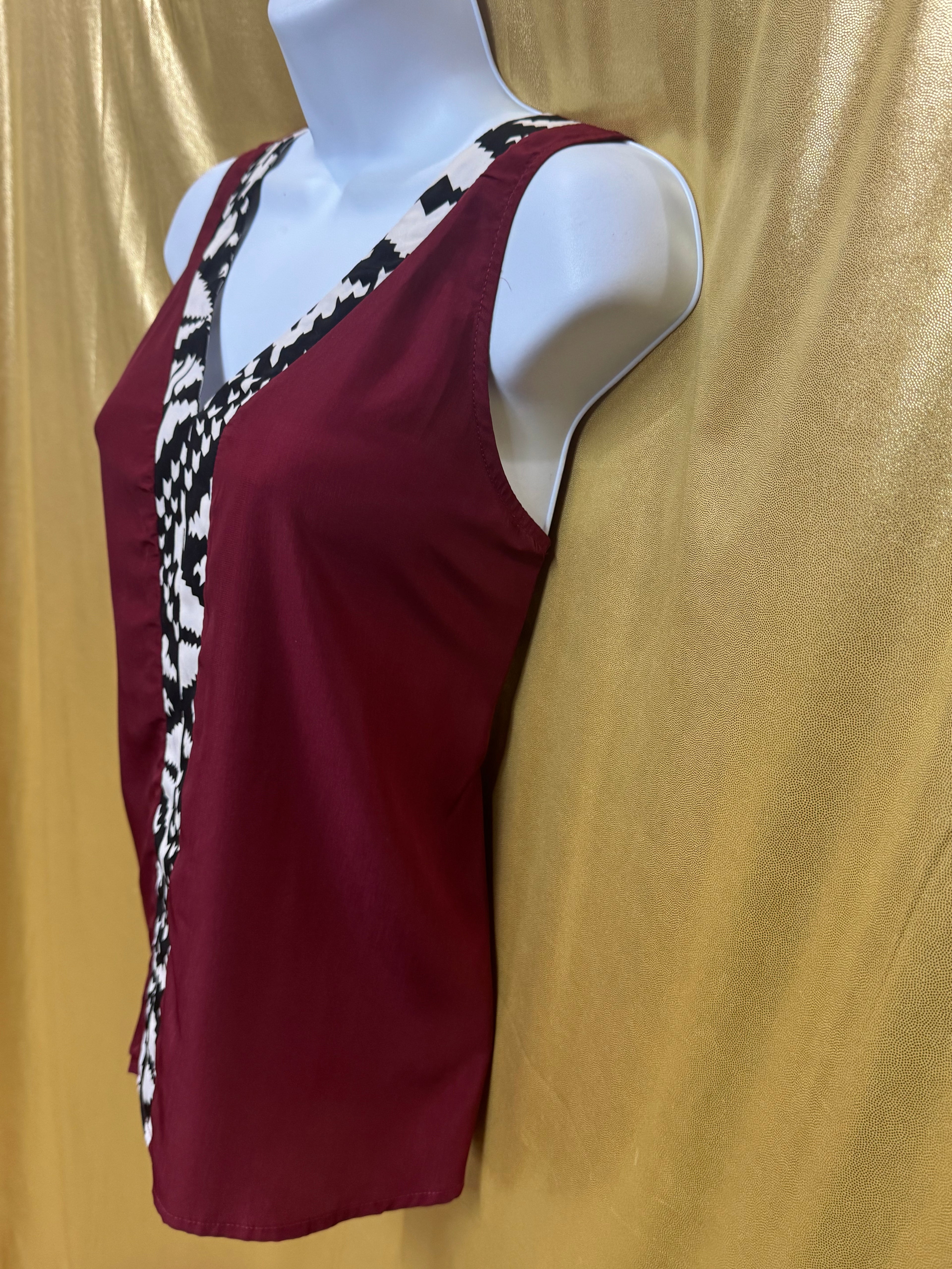 Pink Owl Burgundy Sleeveless V-Neck Geometric Geo Trim Tank Top - Size Medium