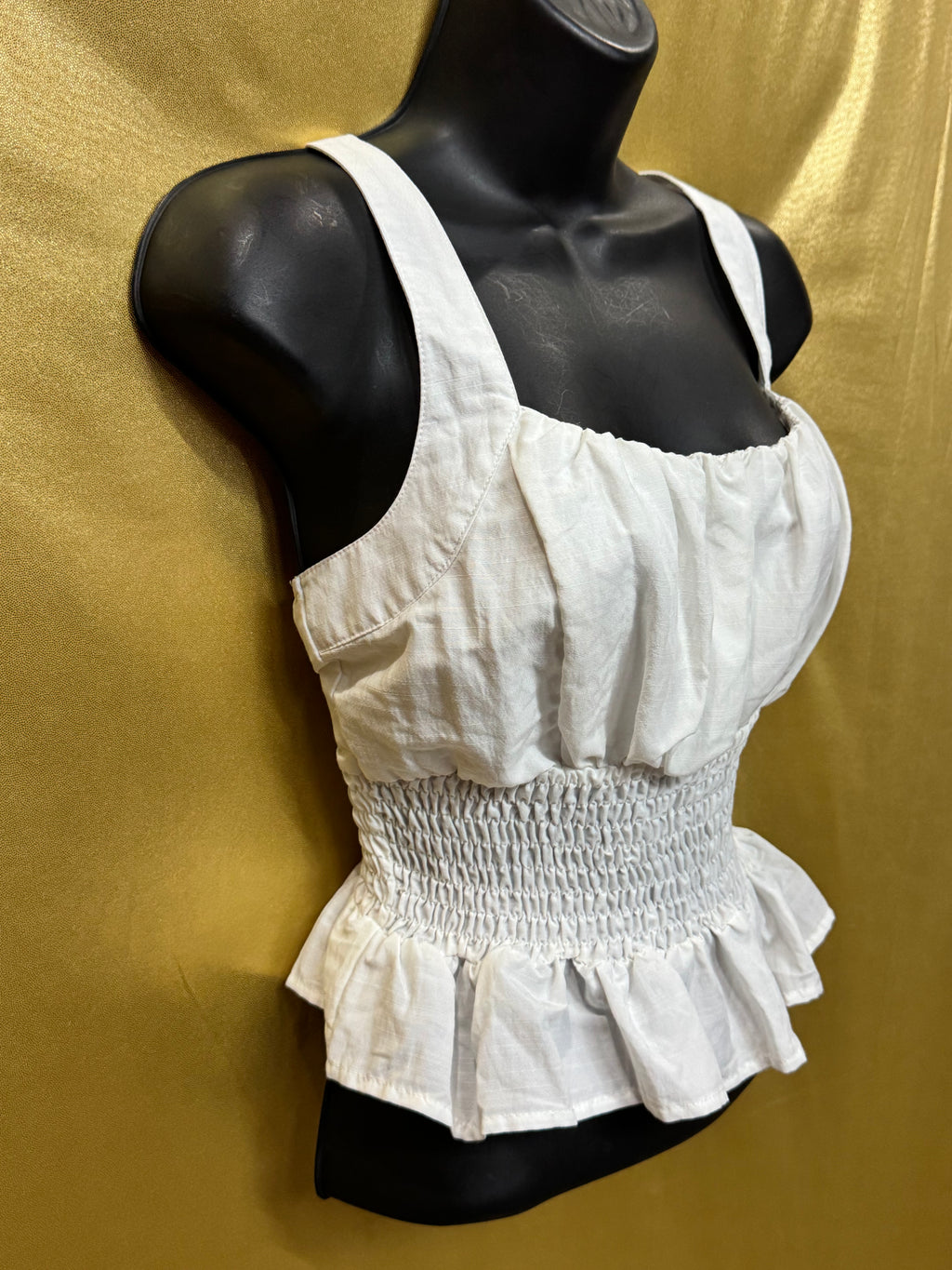 She & Sky White Smocked Peplum Cami Top Medium