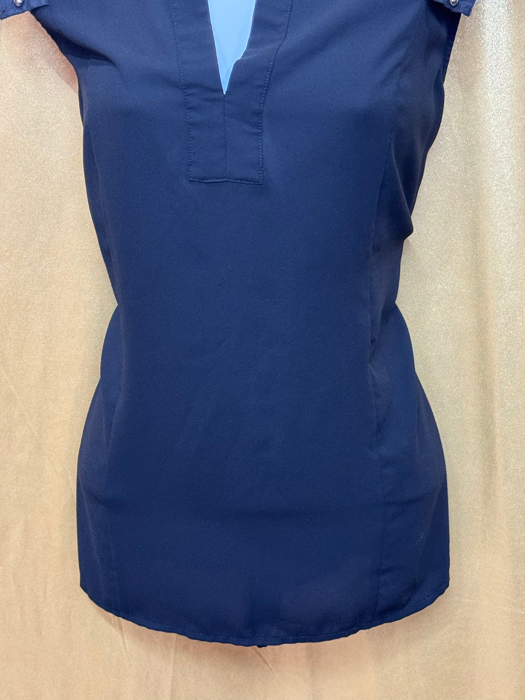 Pixley Black Split V-Neck Cap Sleeve Blouse with Silver Stud Trim - Size M