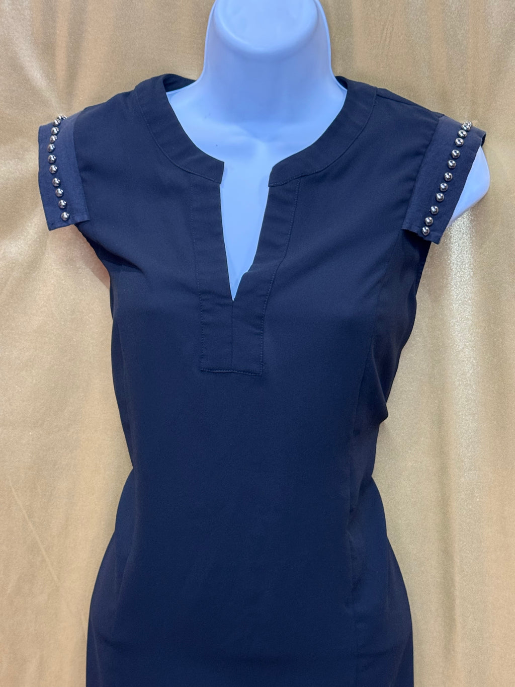 Pixley Black Split V-Neck Cap Sleeve Blouse with Silver Stud Trim - Size M