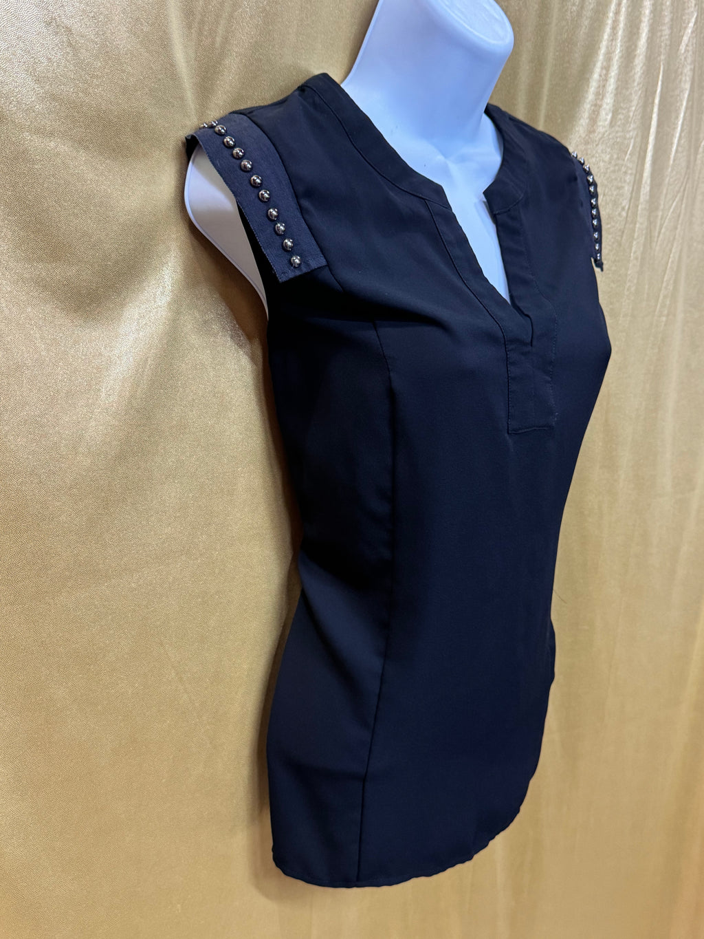 Pixley Black Split V-Neck Cap Sleeve Blouse with Silver Stud Trim - Size M