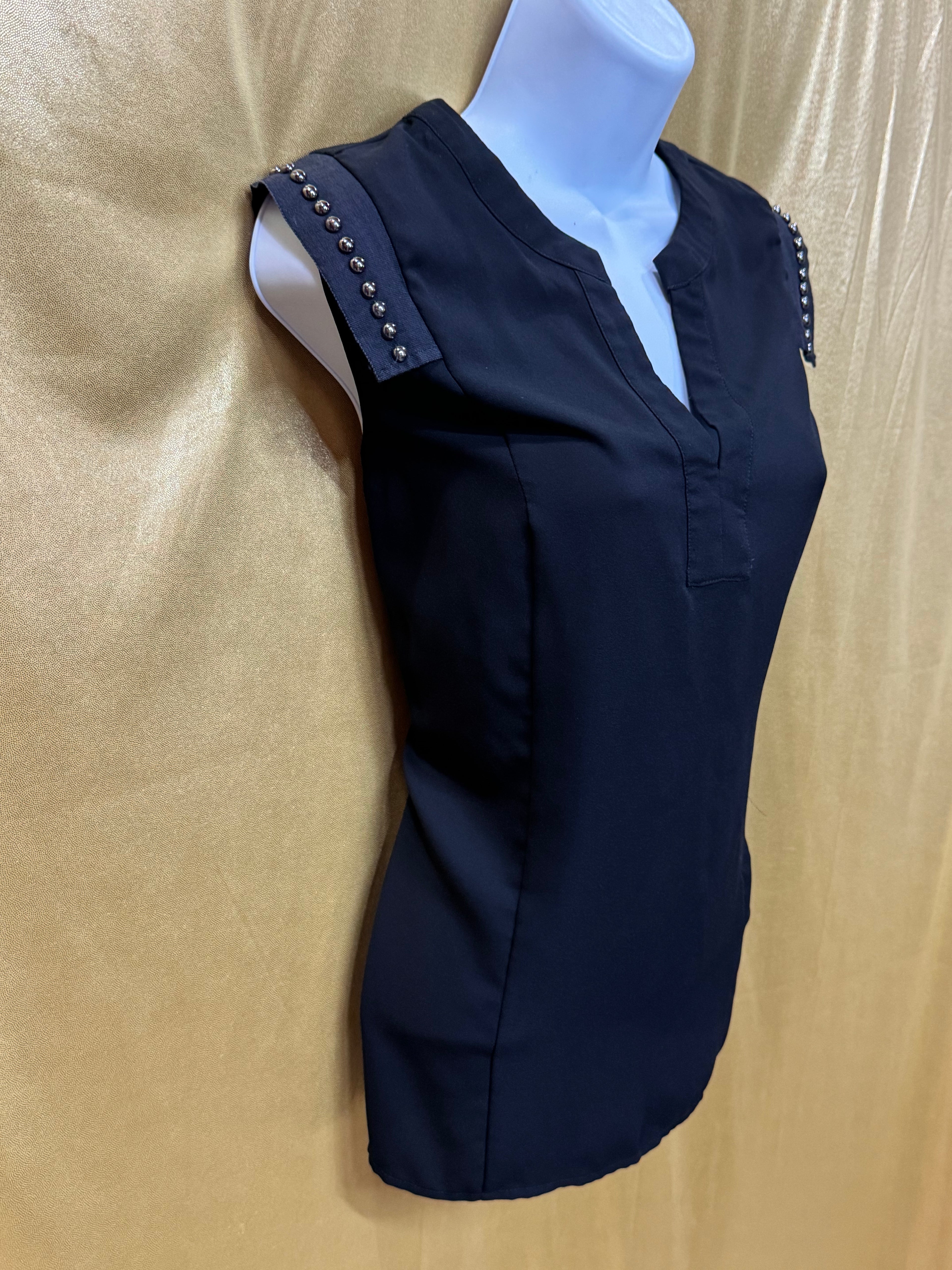 Pixley Black Split V-Neck Cap Sleeve Blouse with Silver Stud Trim - Size M