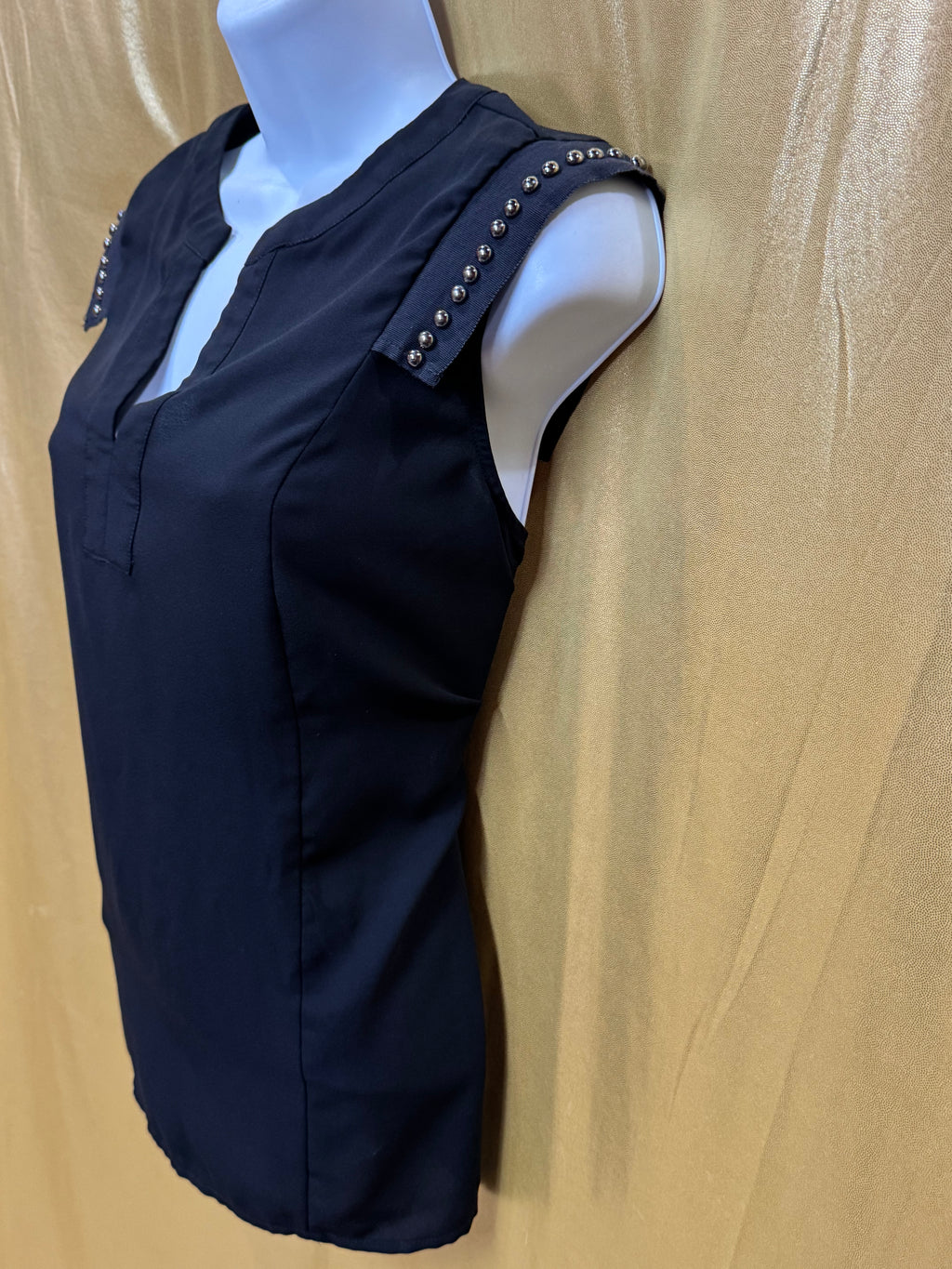 Pixley Black Split V-Neck Cap Sleeve Blouse with Silver Stud Trim - Size M