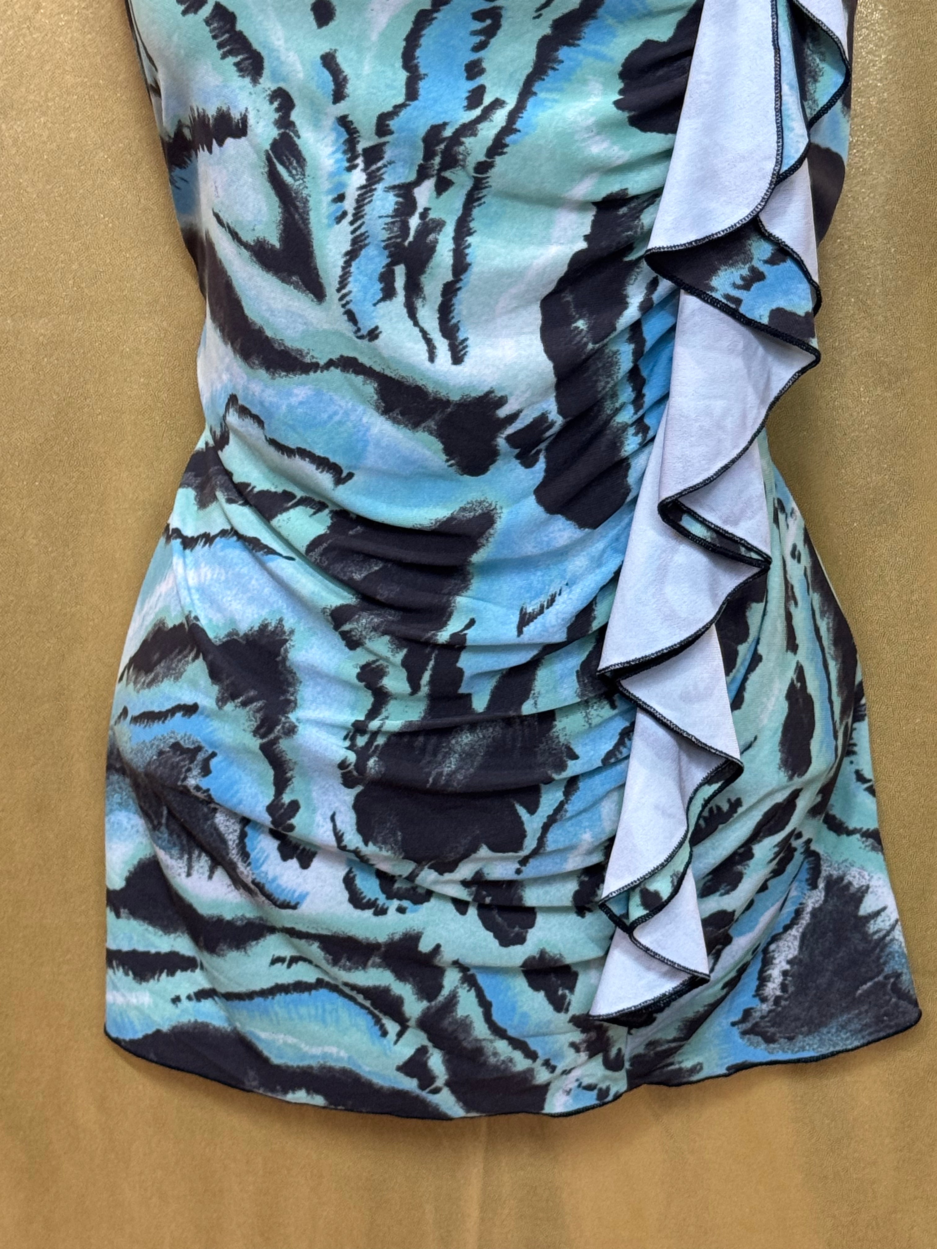 CATO Blue & Black Abstract Animal Print Ruffle Blouse - Size Medium