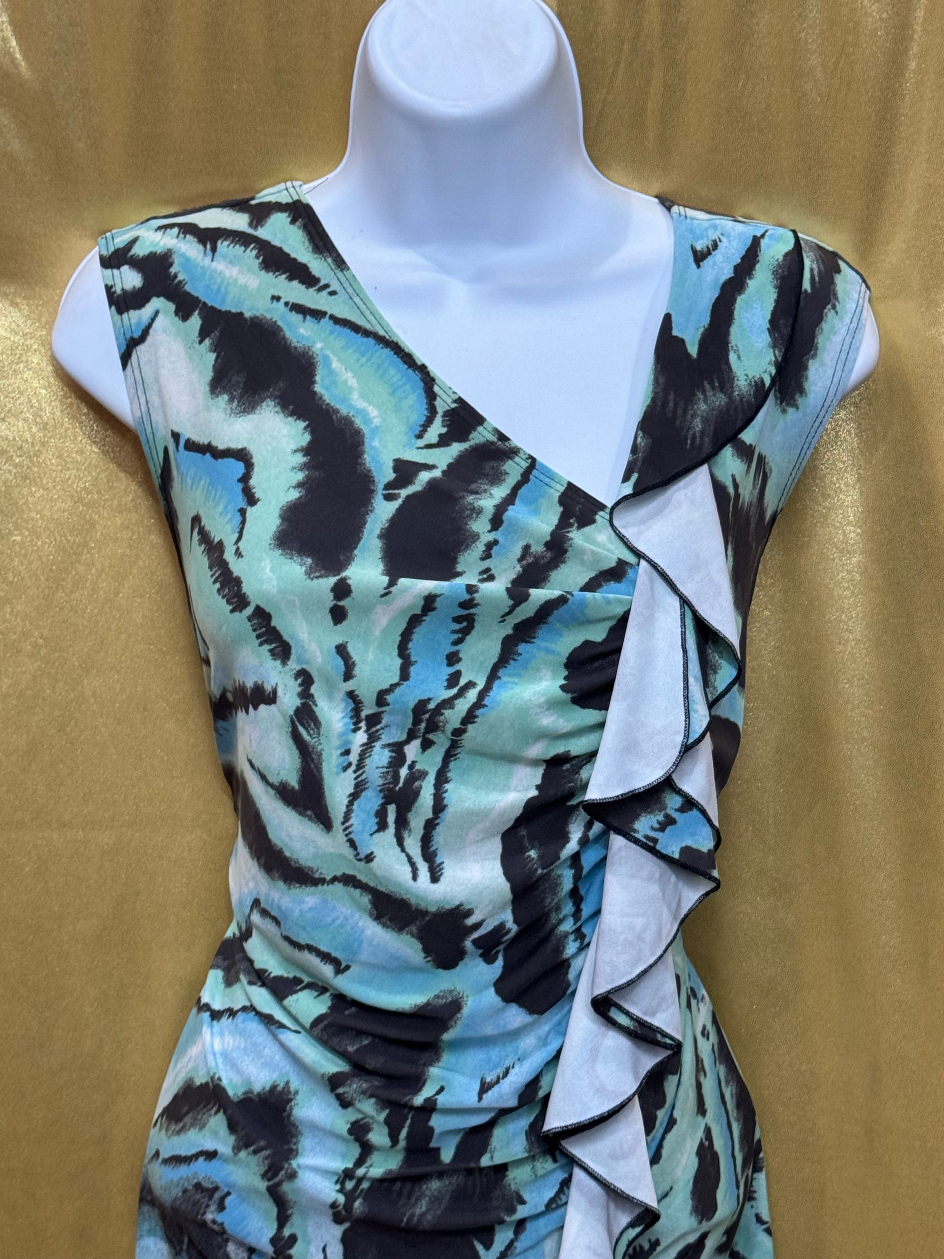 CATO Blue & Black Abstract Animal Print Ruffle Blouse - Size Medium