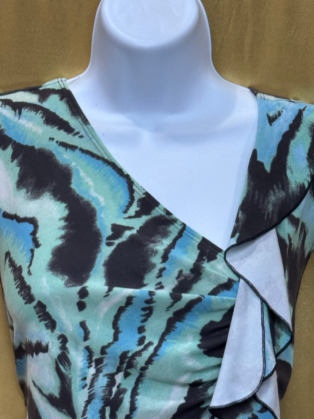 CATO Blue & Black Abstract Animal Print Ruffle Blouse - Size Medium