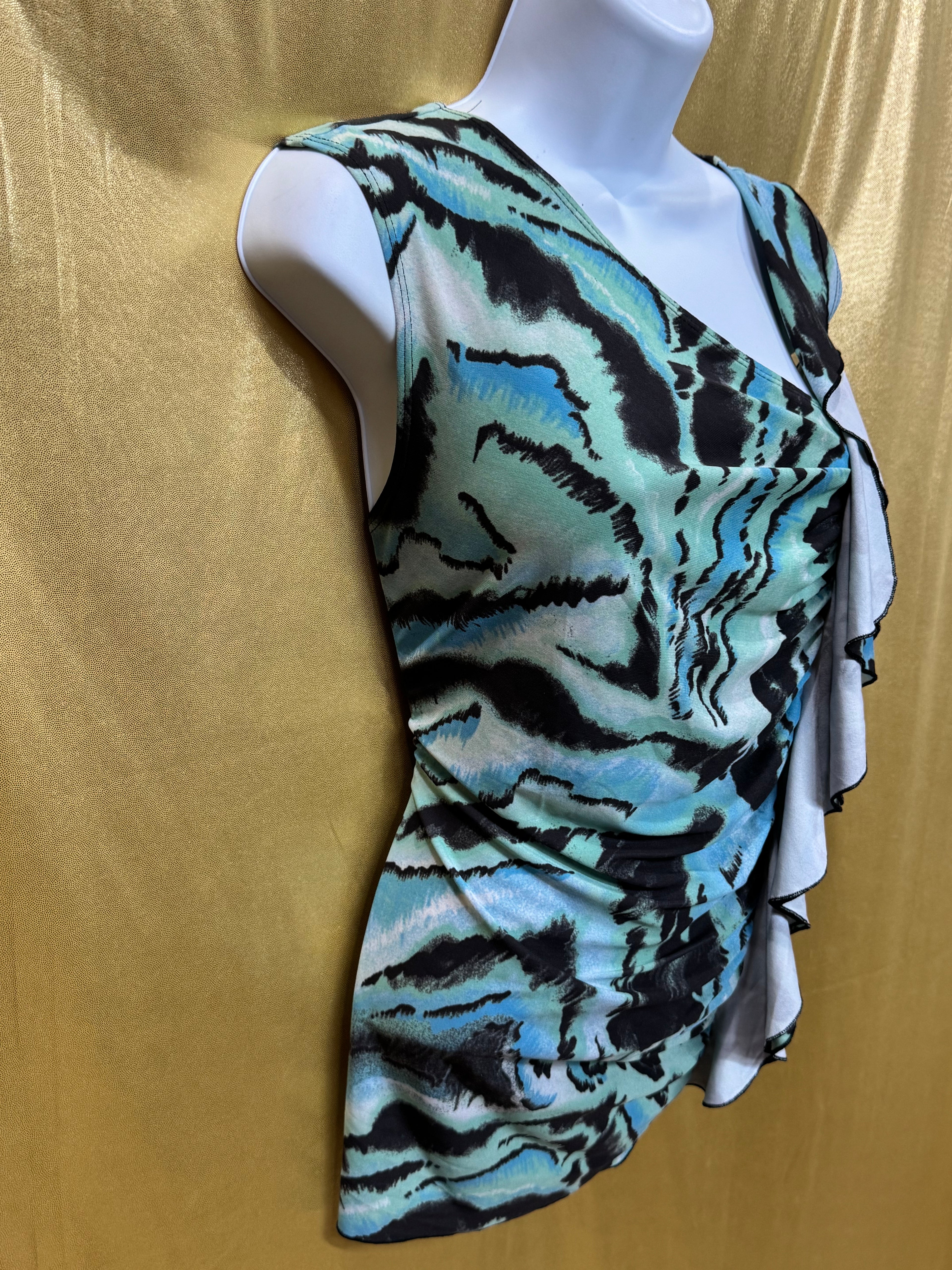 CATO Blue & Black Abstract Animal Print Ruffle Blouse - Size Medium