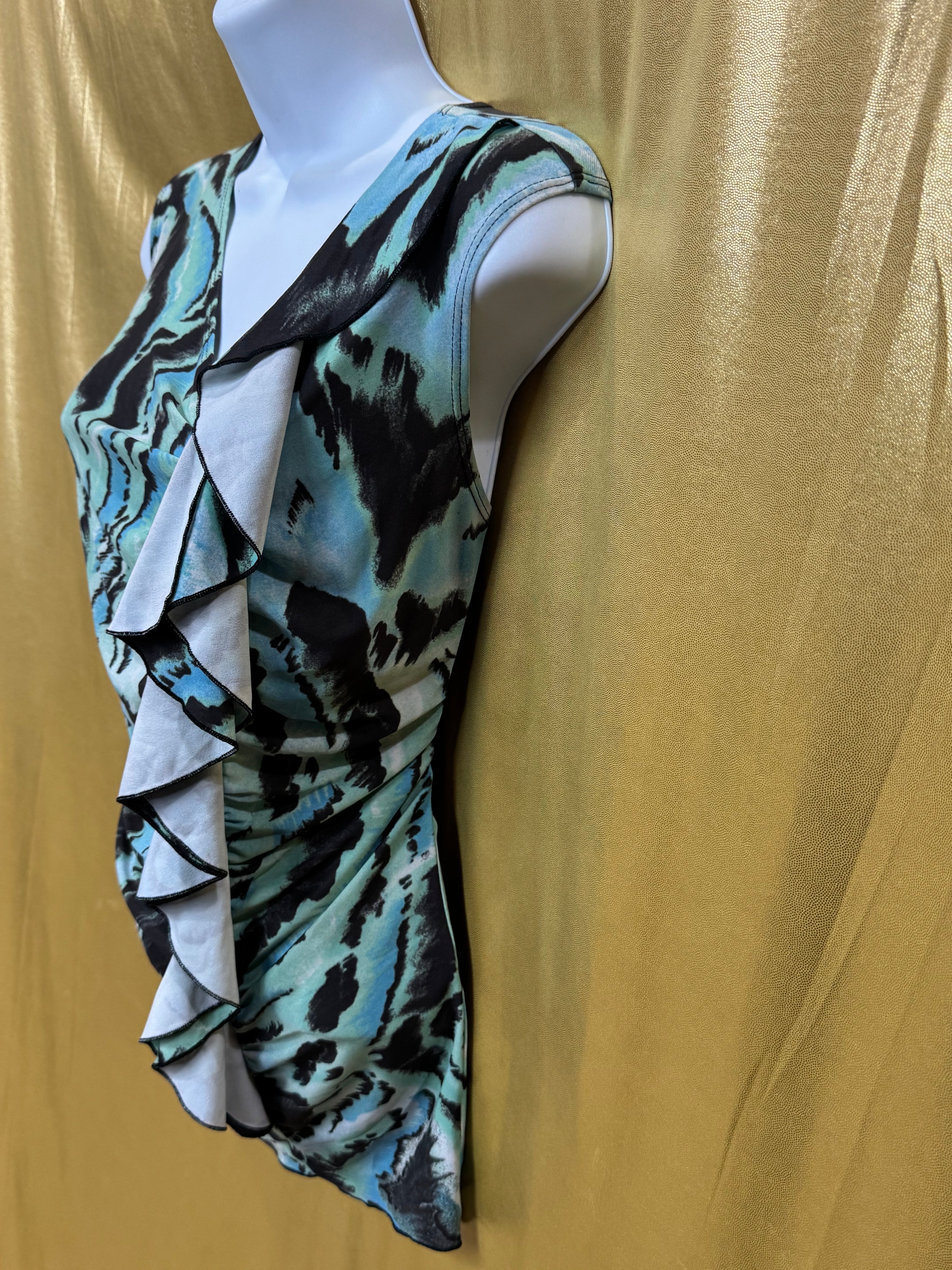 CATO Blue & Black Abstract Animal Print Ruffle Blouse - Size Medium