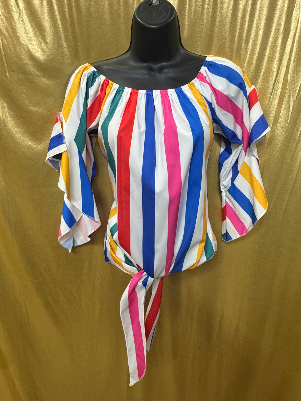 Colorful Vertical Stripe Off-The-Shoulder Tie-Front Top - Size Large