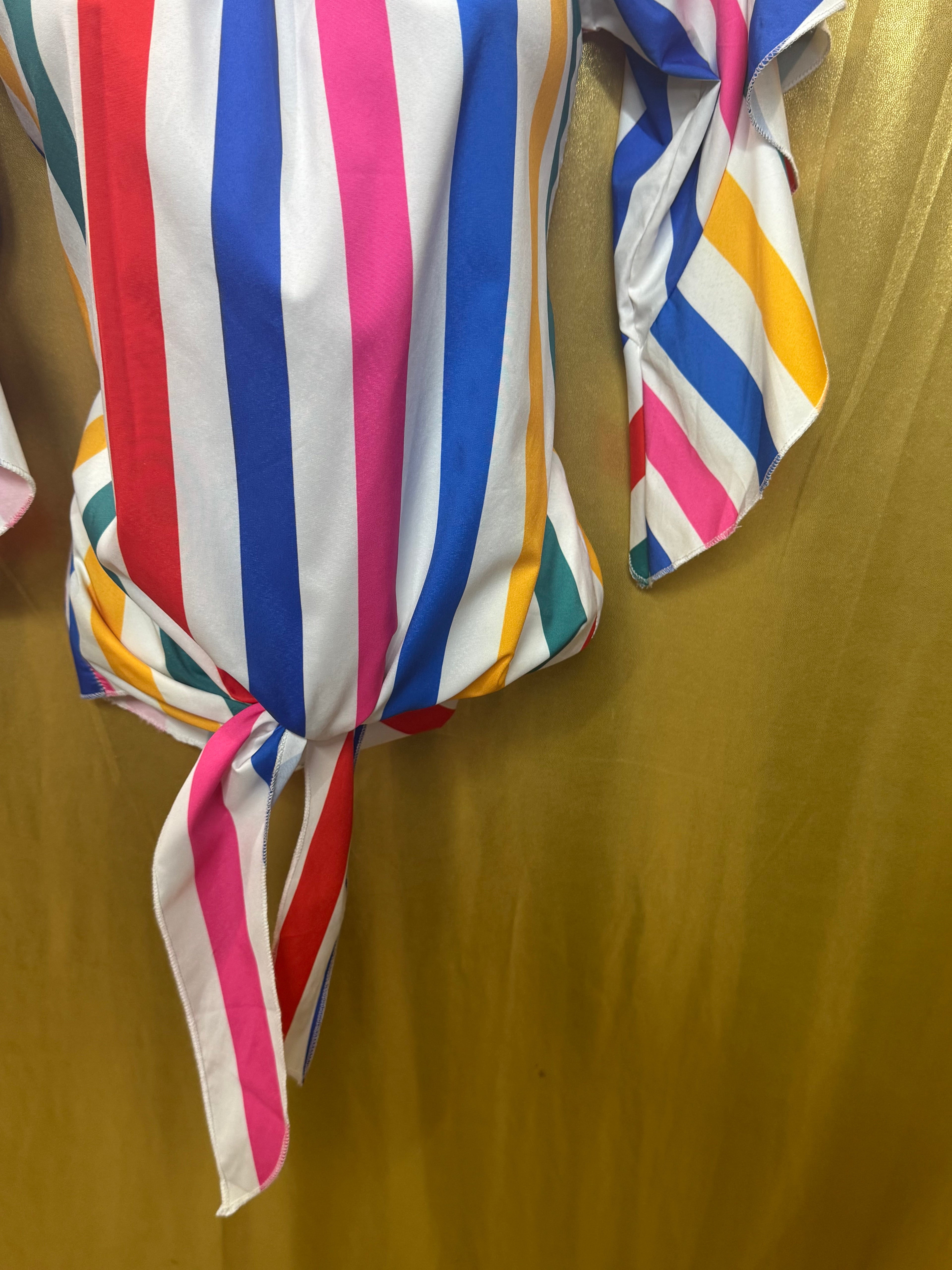 Colorful Vertical Stripe Off-The-Shoulder Tie-Front Top - Size Large