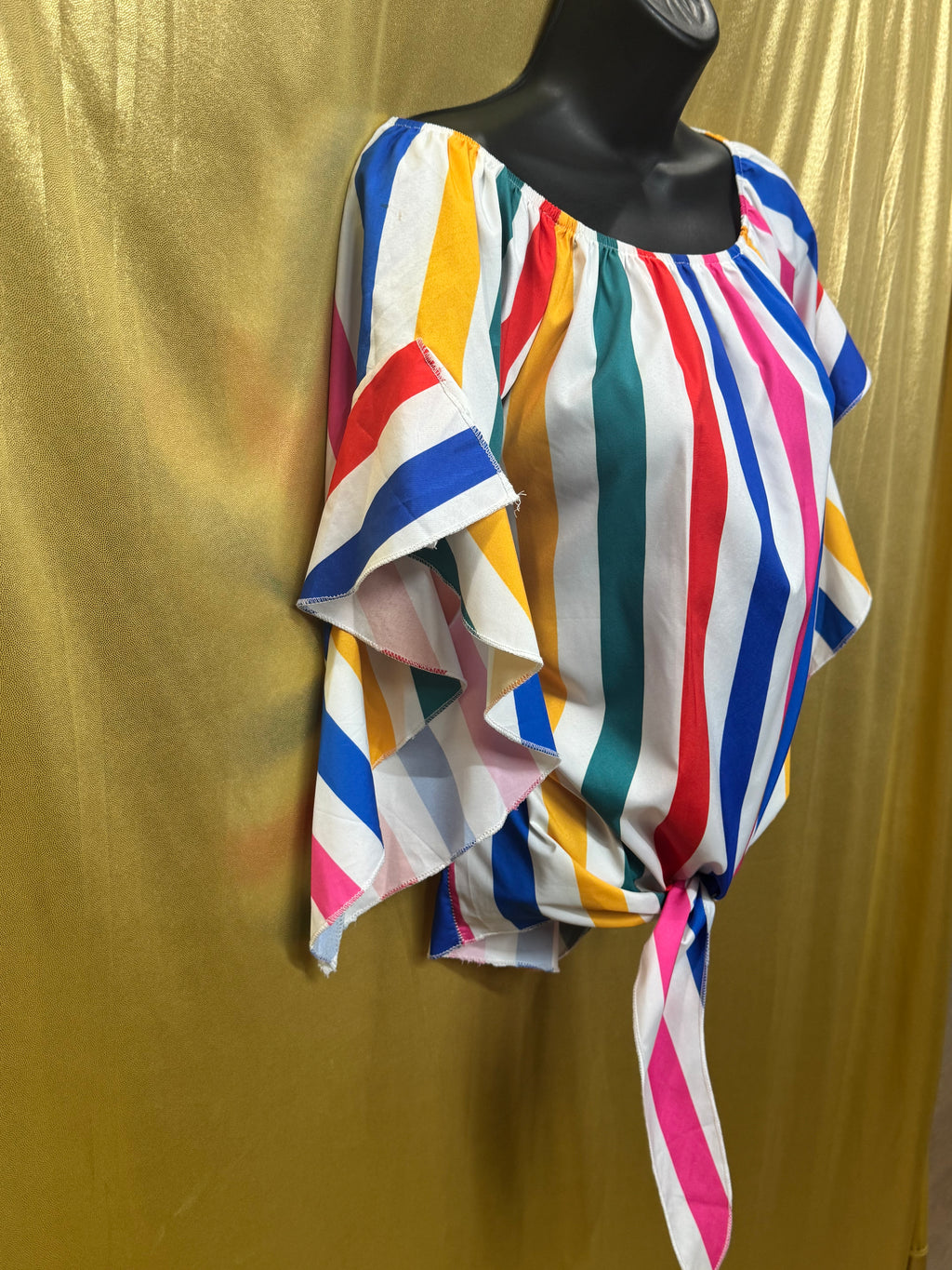 Colorful Vertical Stripe Off-The-Shoulder Tie-Front Top - Size Large