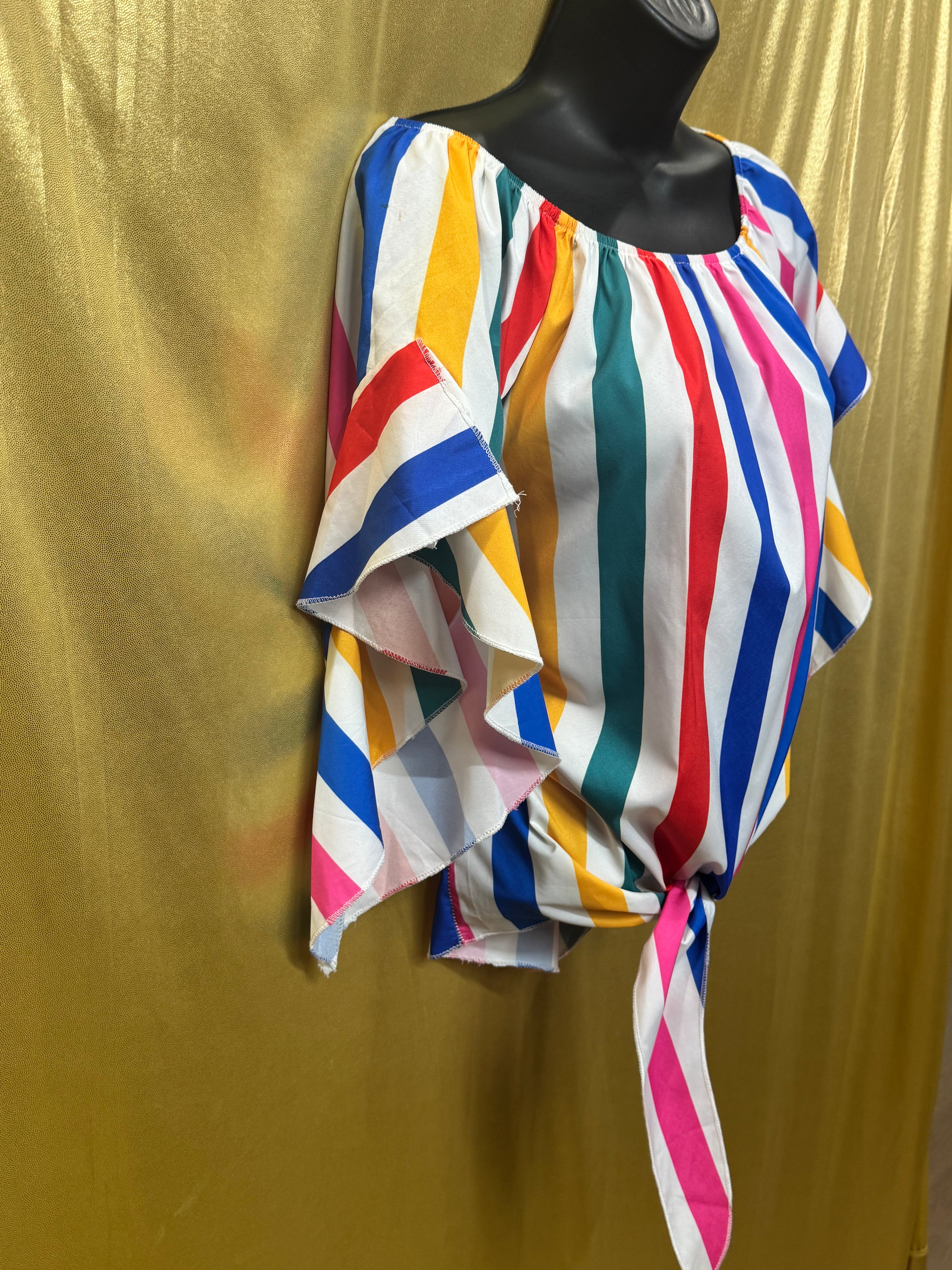 Colorful Vertical Stripe Off-The-Shoulder Tie-Front Top - Size Large