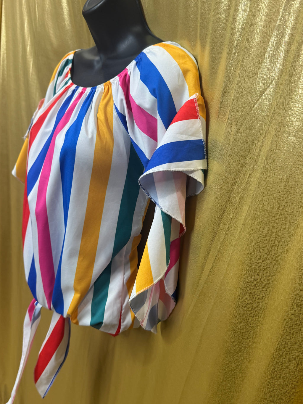 Colorful Vertical Stripe Off-The-Shoulder Tie-Front Top - Size Large