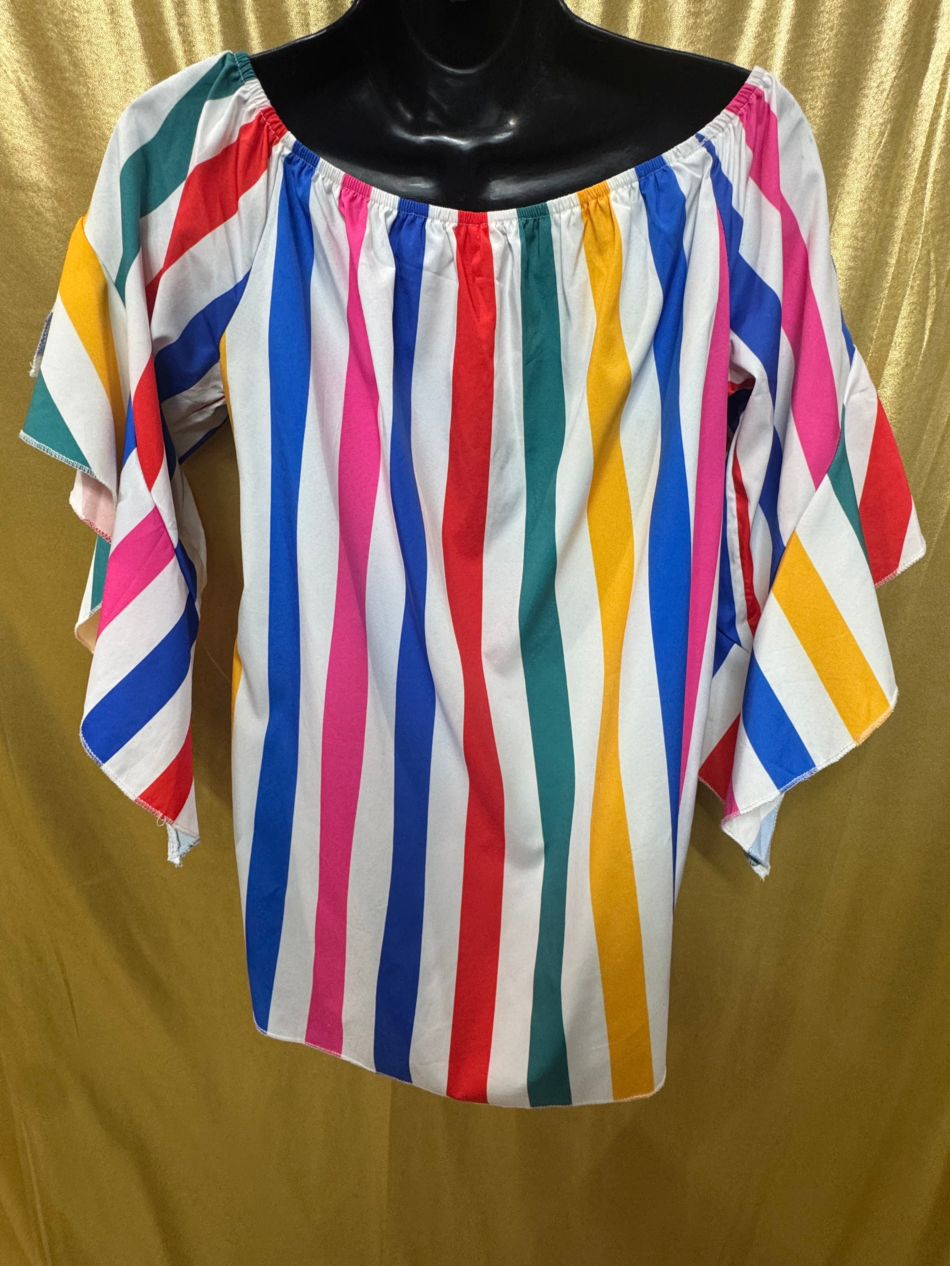 Colorful Vertical Stripe Off-The-Shoulder Tie-Front Top - Size Large