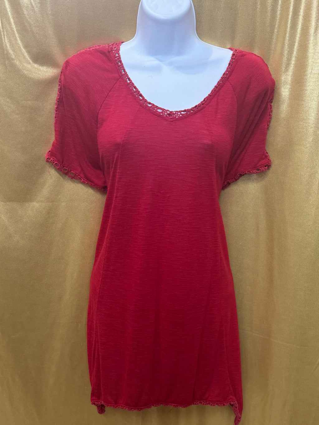 Cato Red Crochet Lace Trim Short Sleeve Tunic Top - Size L