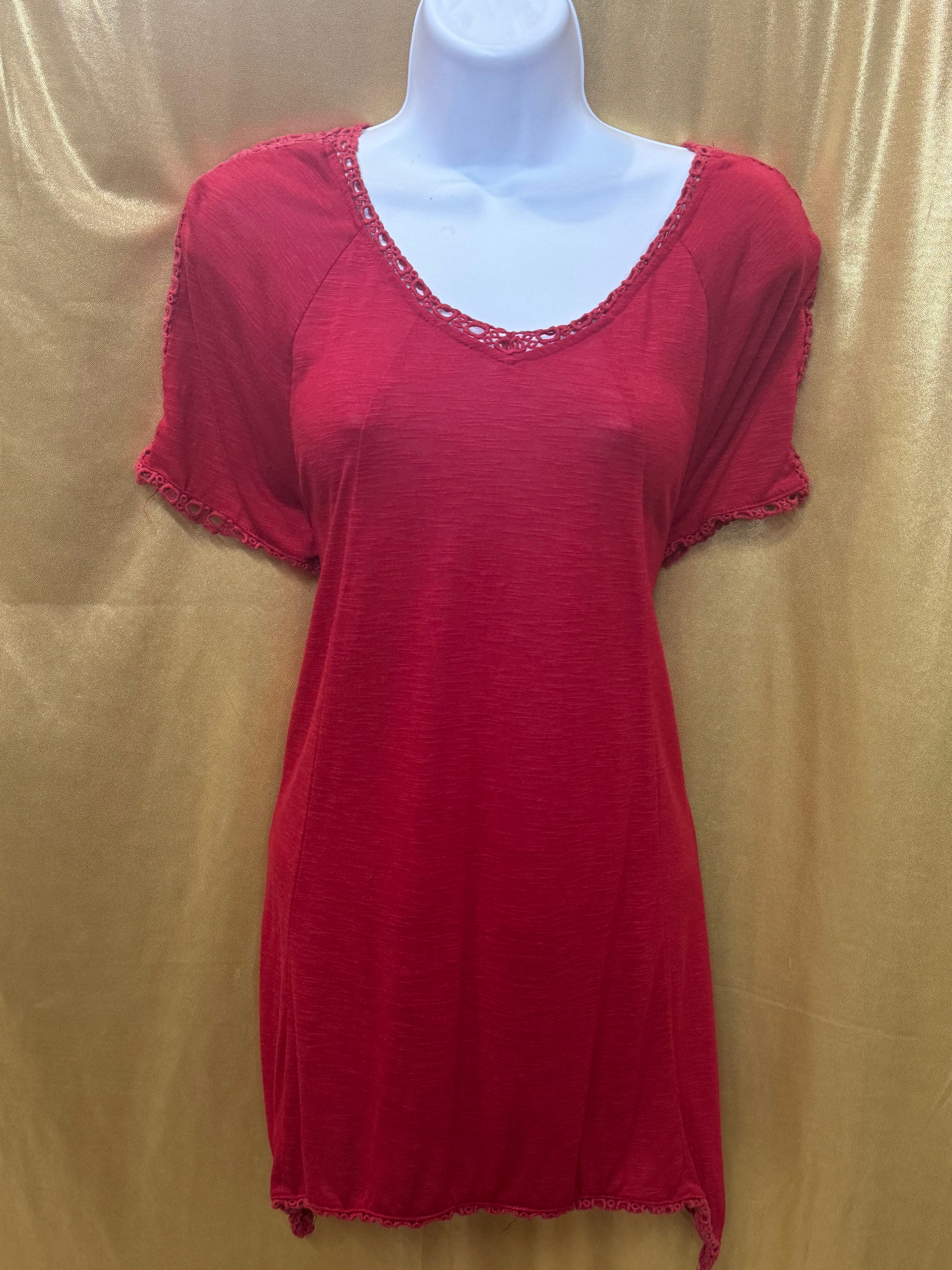 Cato Red Crochet Lace Trim Short Sleeve Tunic Top - Size L