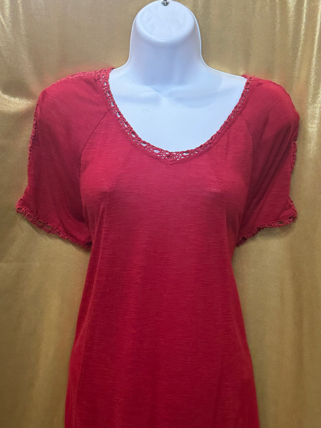 Cato Red Crochet Lace Trim Short Sleeve Tunic Top - Size L