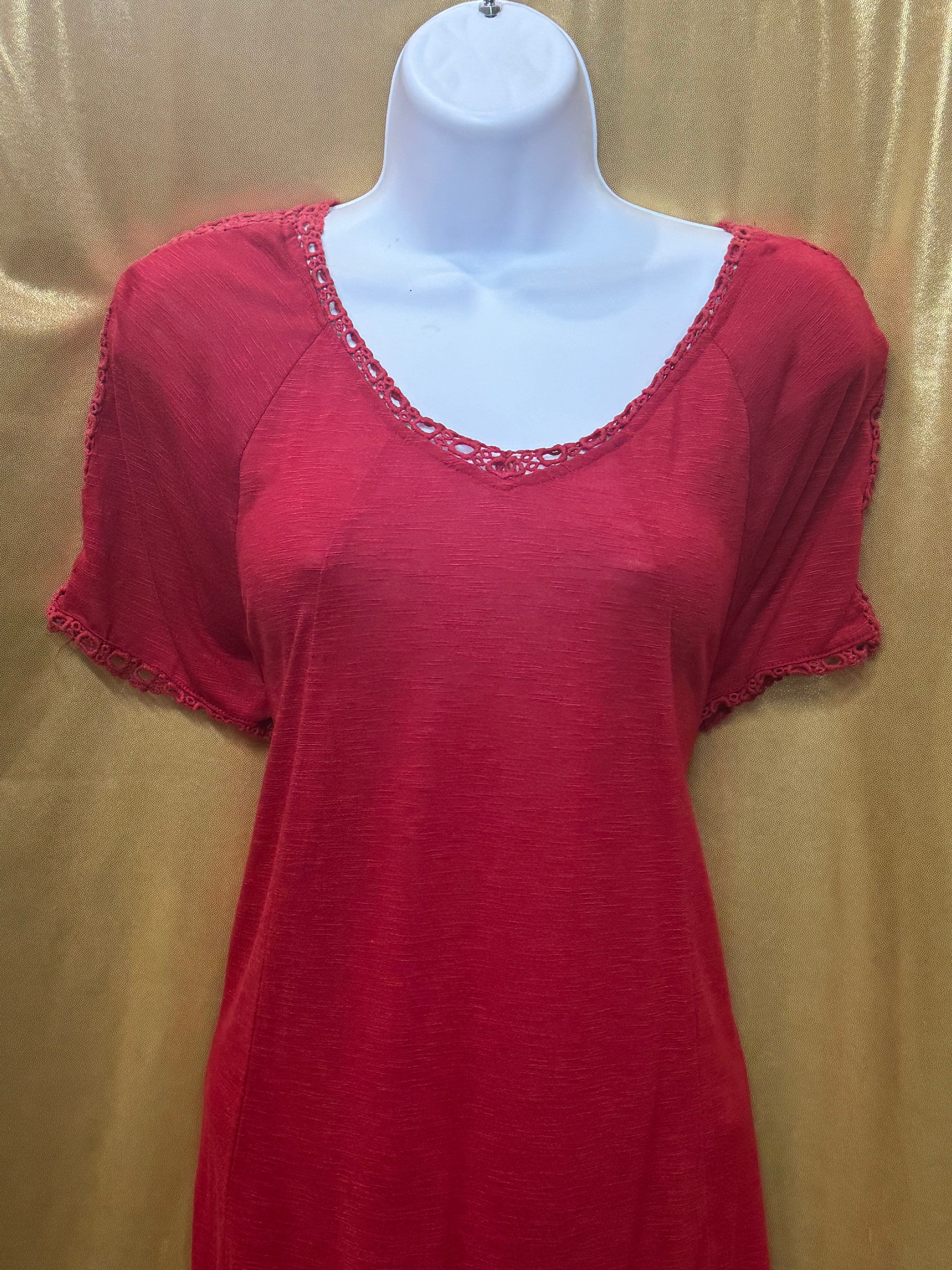 Cato Red Crochet Lace Trim Short Sleeve Tunic Top - Size L