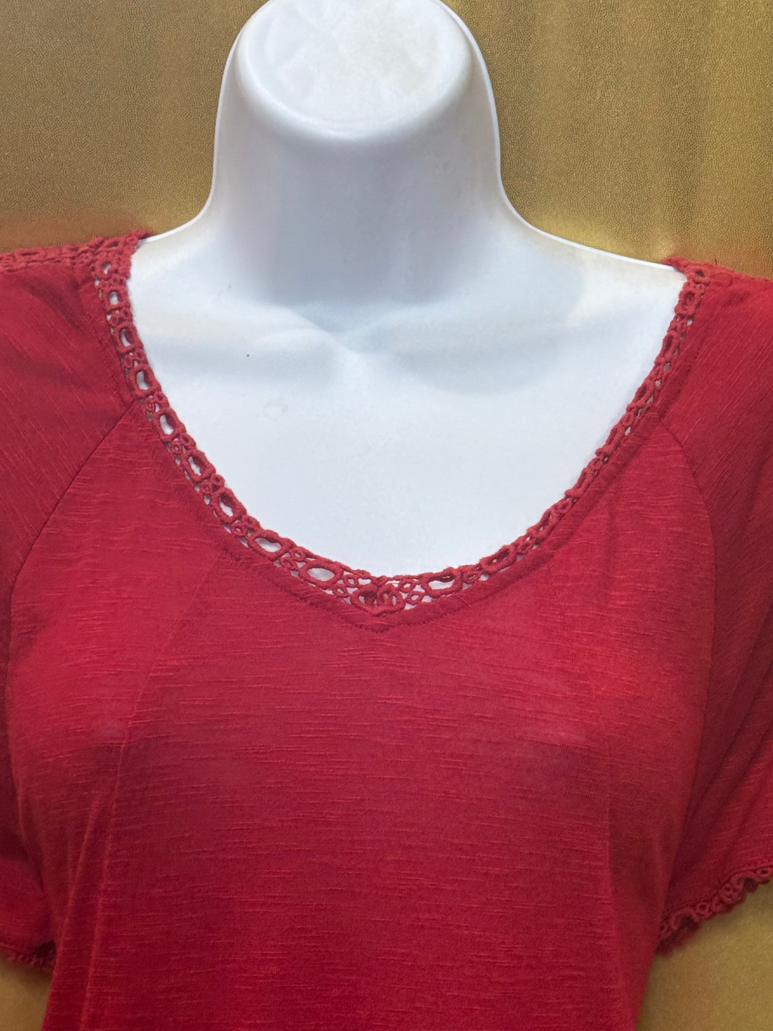 Cato Red Crochet Lace Trim Short Sleeve Tunic Top - Size L