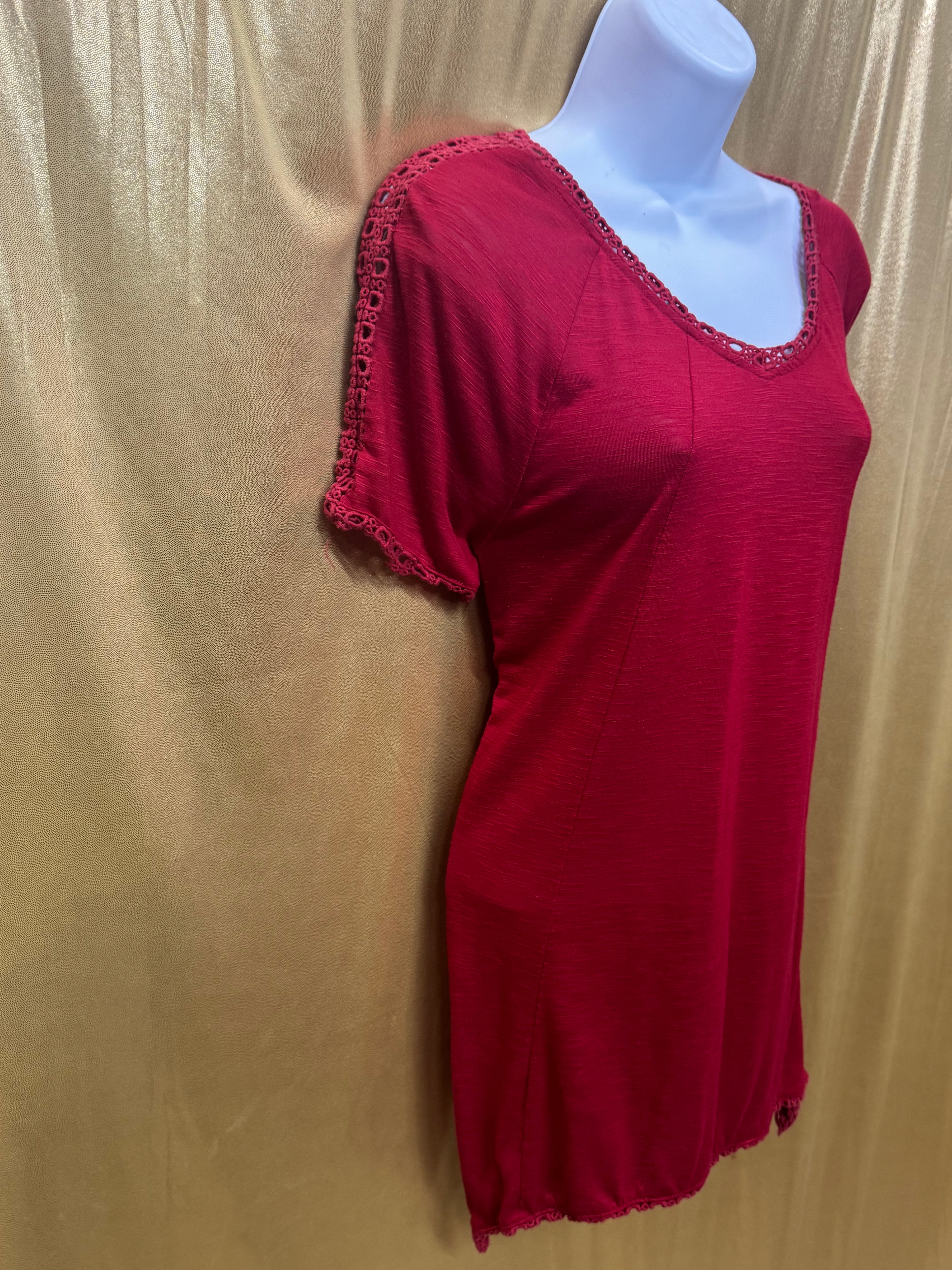 Cato Red Crochet Lace Trim Short Sleeve Tunic Top - Size L
