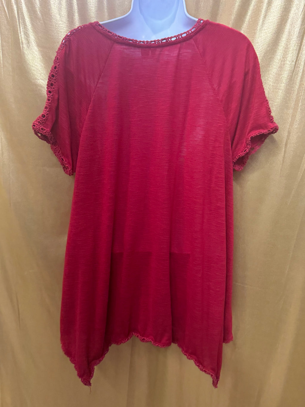 Cato Red Crochet Lace Trim Short Sleeve Tunic Top - Size L