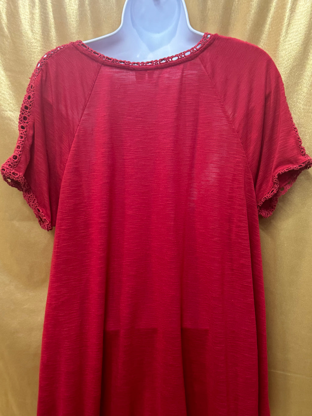 Cato Red Crochet Lace Trim Short Sleeve Tunic Top - Size L