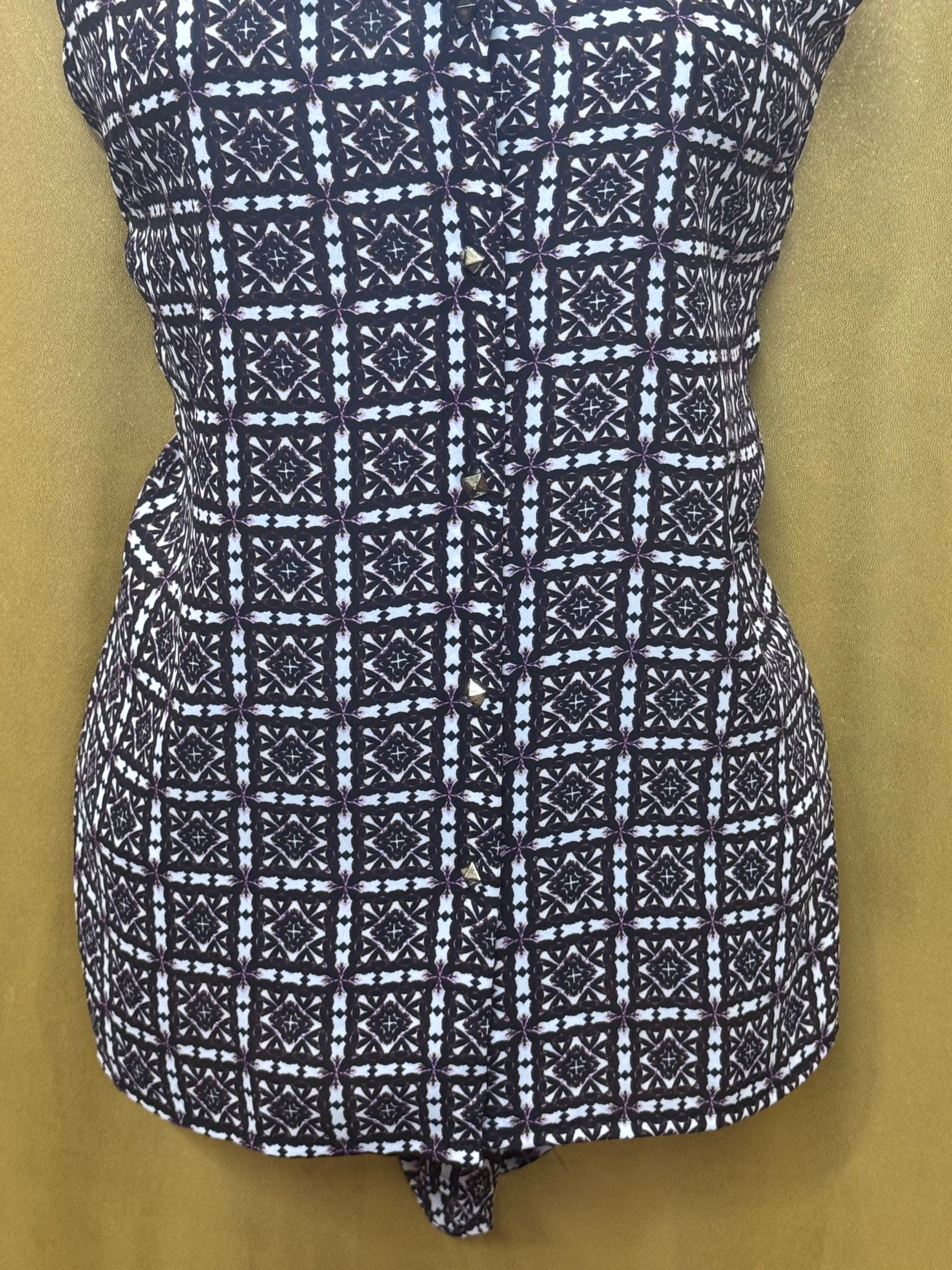 Elementz Sleeveless Geometric Print Blouse | Size L, Studded Shoulders