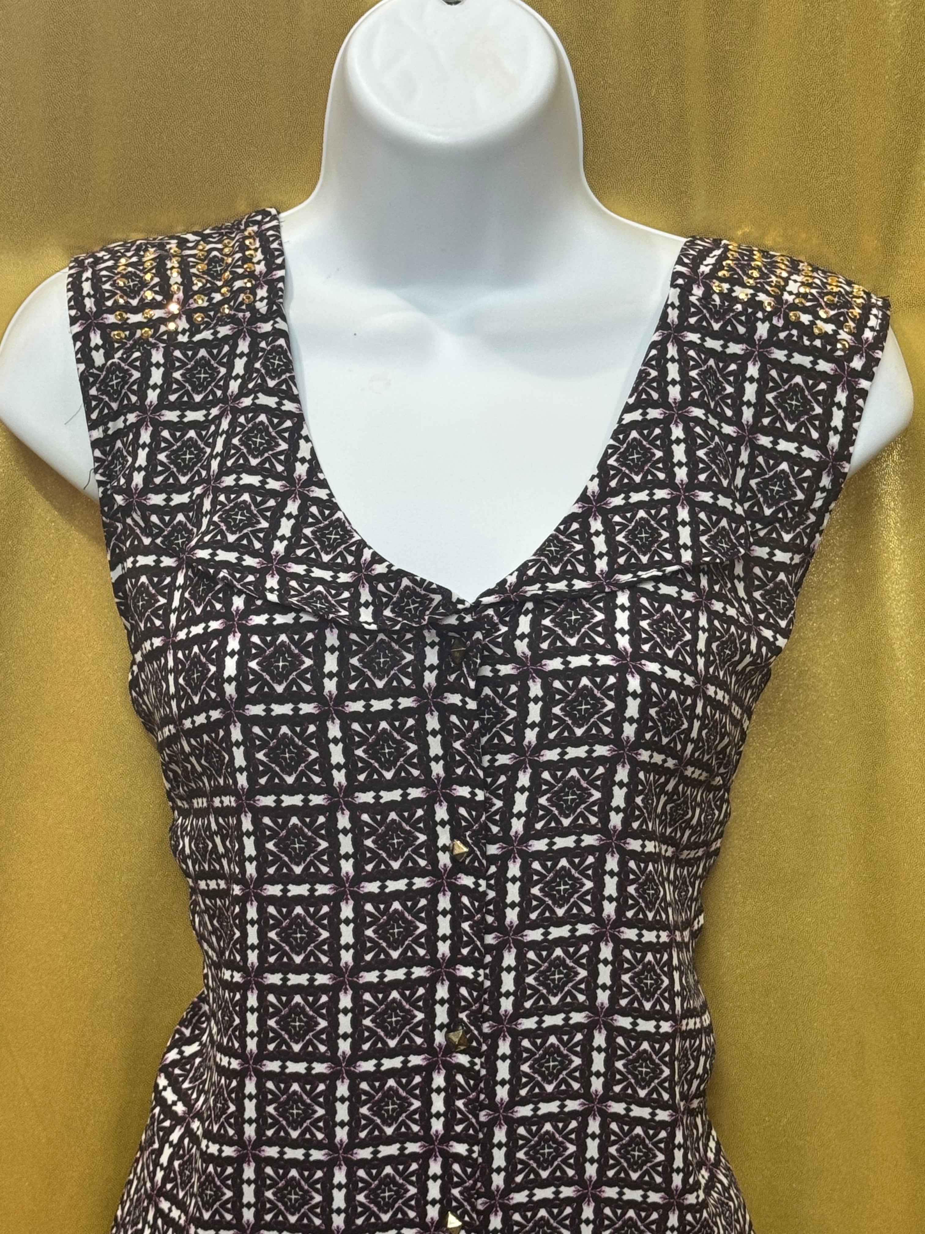 Elementz Sleeveless Geometric Print Blouse | Size L, Studded Shoulders
