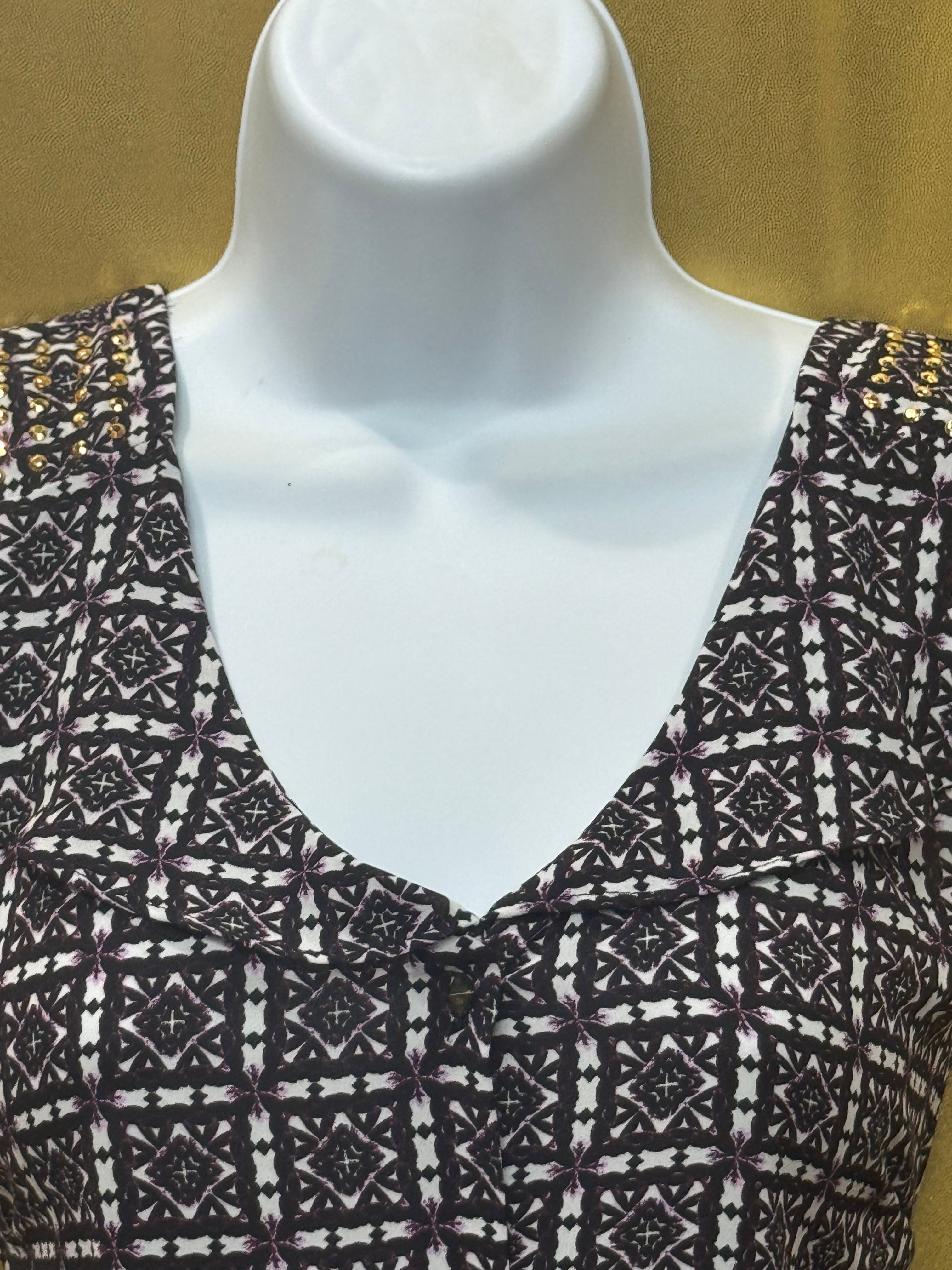 Elementz Sleeveless Geometric Print Blouse | Size L, Studded Shoulders