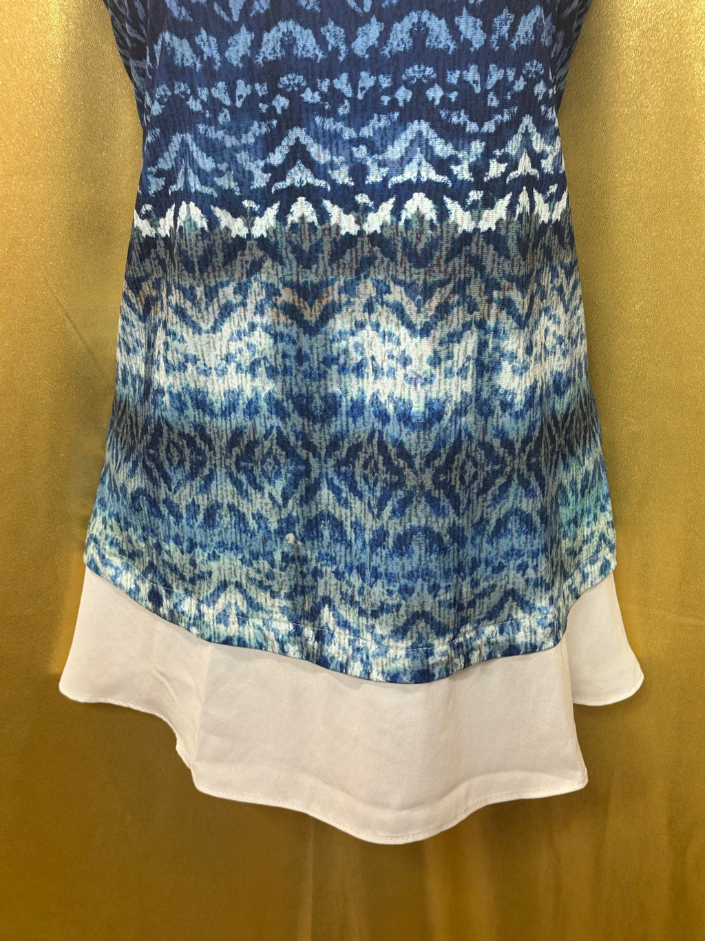 Karen Kane Blue Ikat Sleeveless Layered Chiffon Hem Top Size Large Made in USA